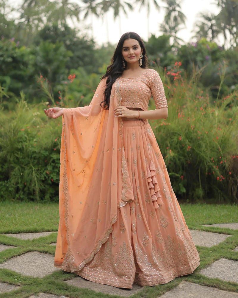 PEACH COLOR SOFT GEORGETTE DESIGNING LEHENGA CHOLI – Fabvilla