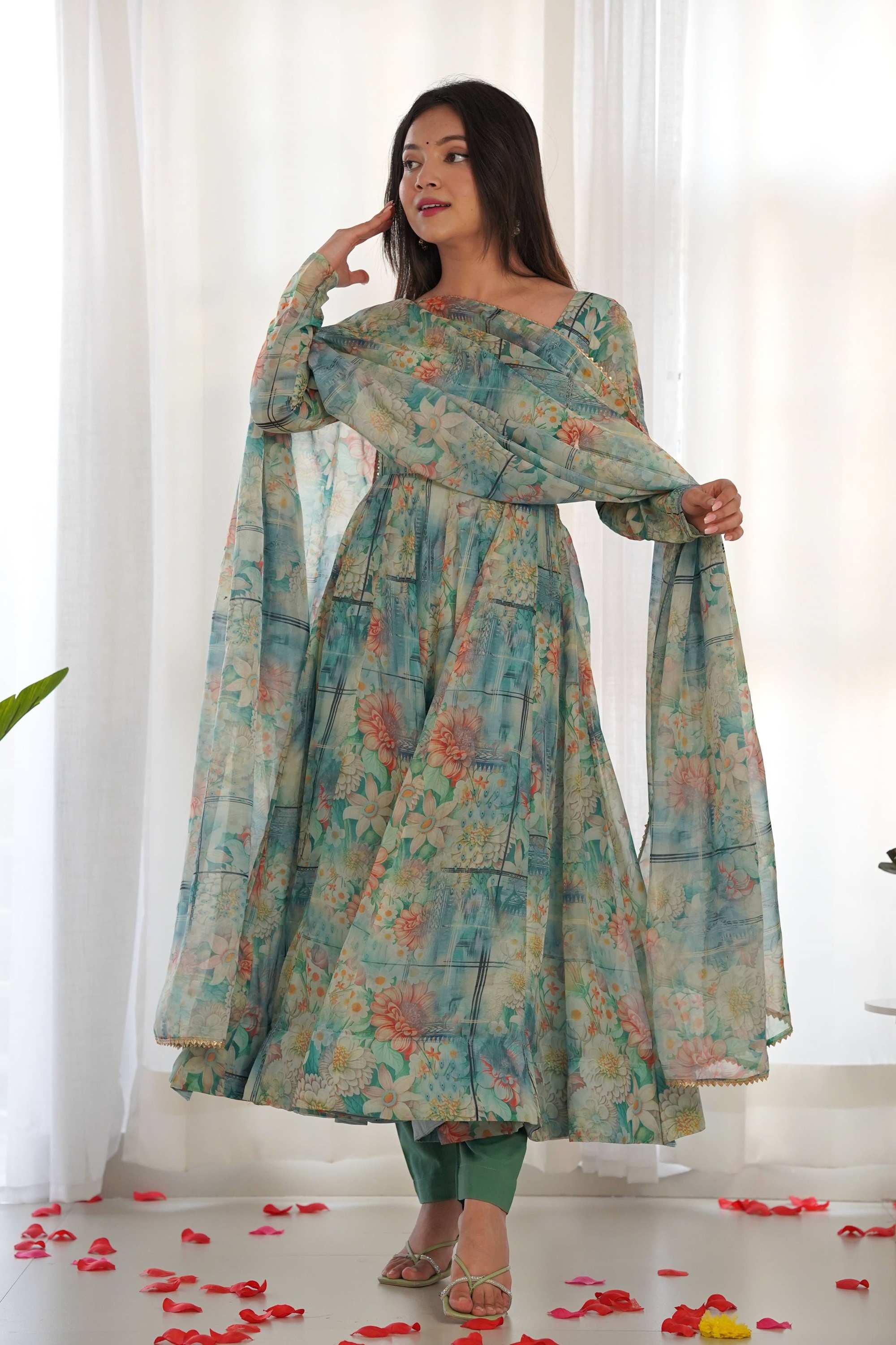 GREEN FLORAL ORGANZA ANARKALI SUIT SET  Fabvilla