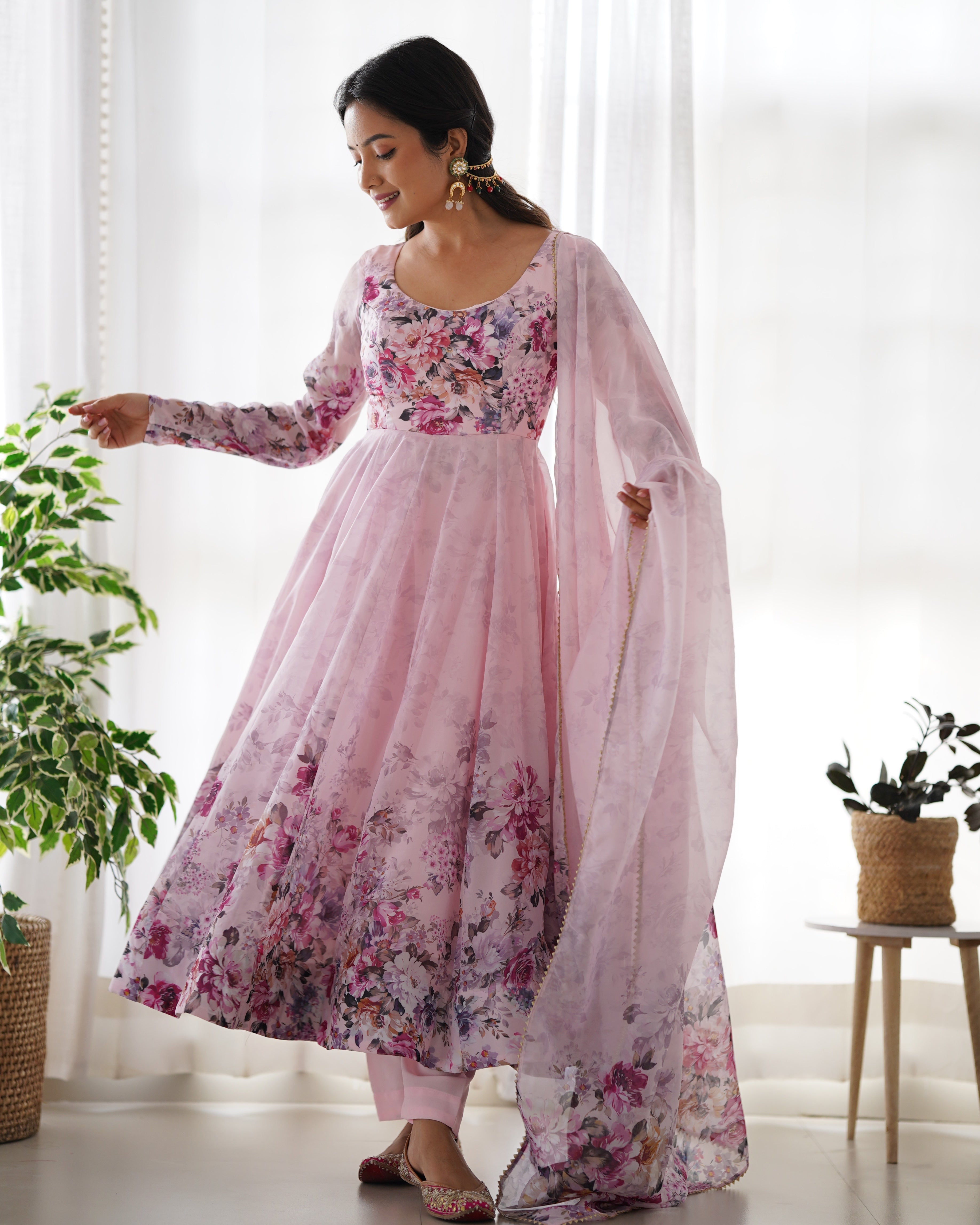 TRENDY PINK FLORAL ANARKALI SUIT SET WITH DUPATTA MODERN