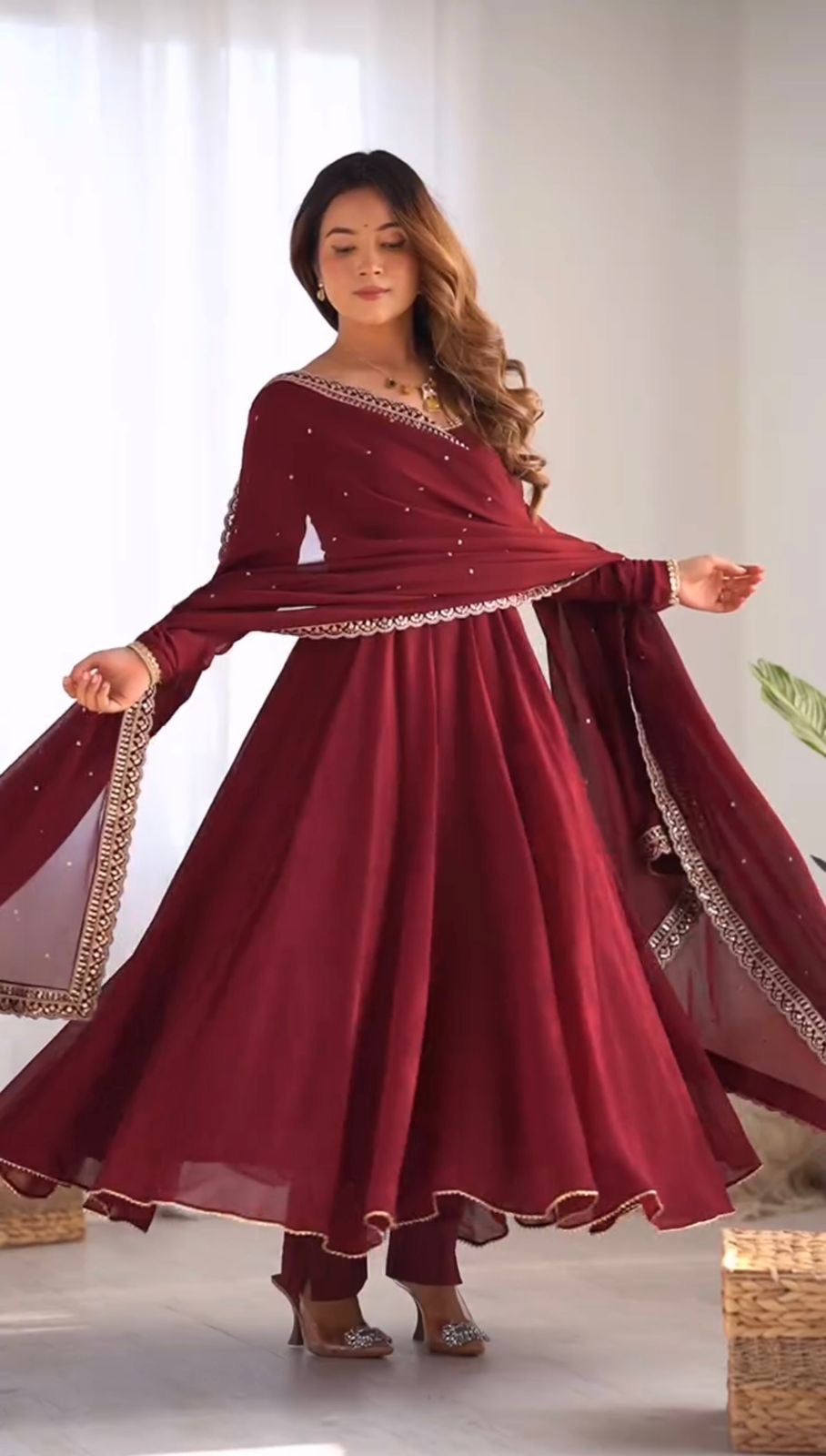 MAROON COLOR GEORGETTE BASE EMBROIDERY WORK ANARKALI SUIT SET OF