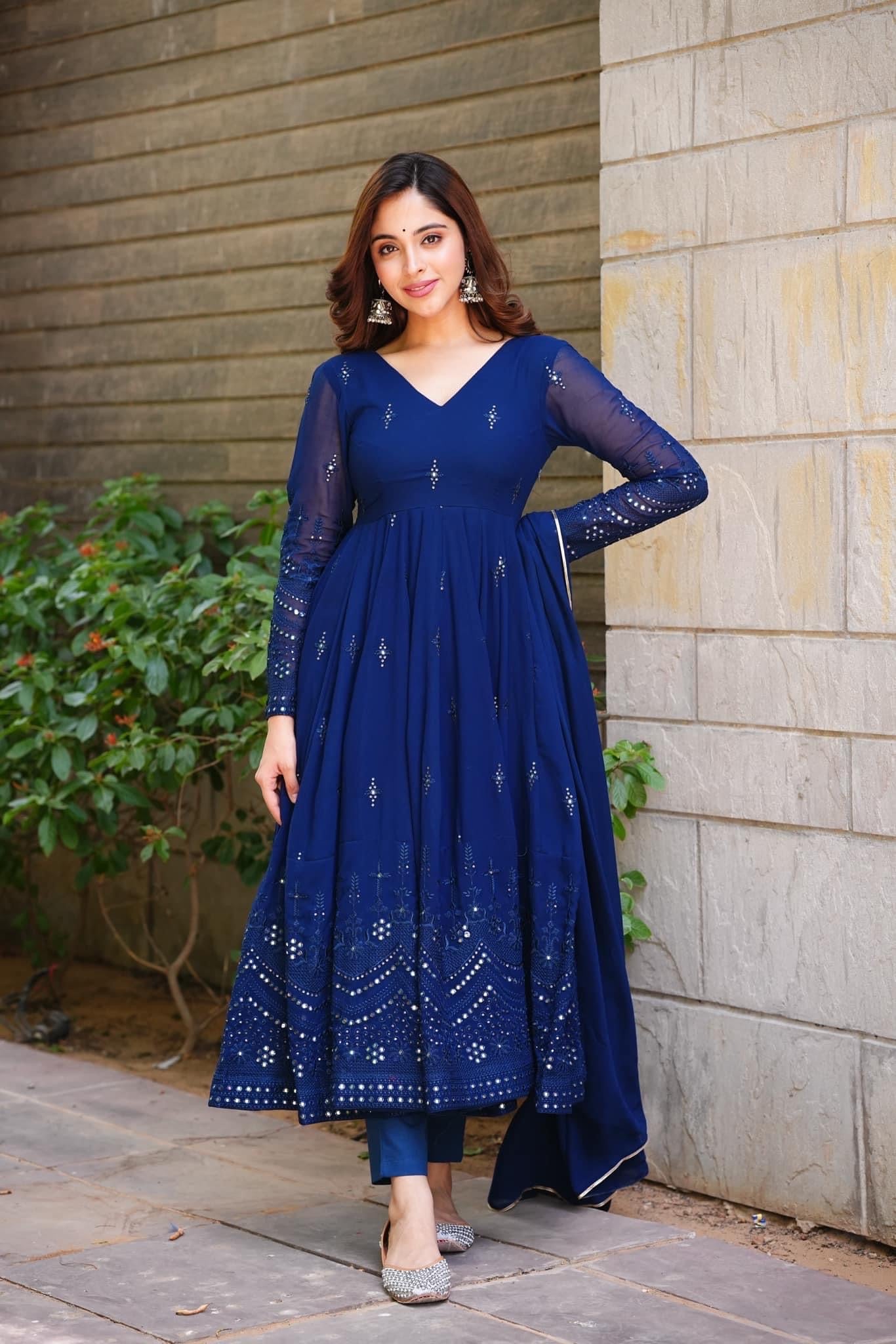 COBALT BLUE GEORGETTE BASE ANARKALI SUIT SET OF