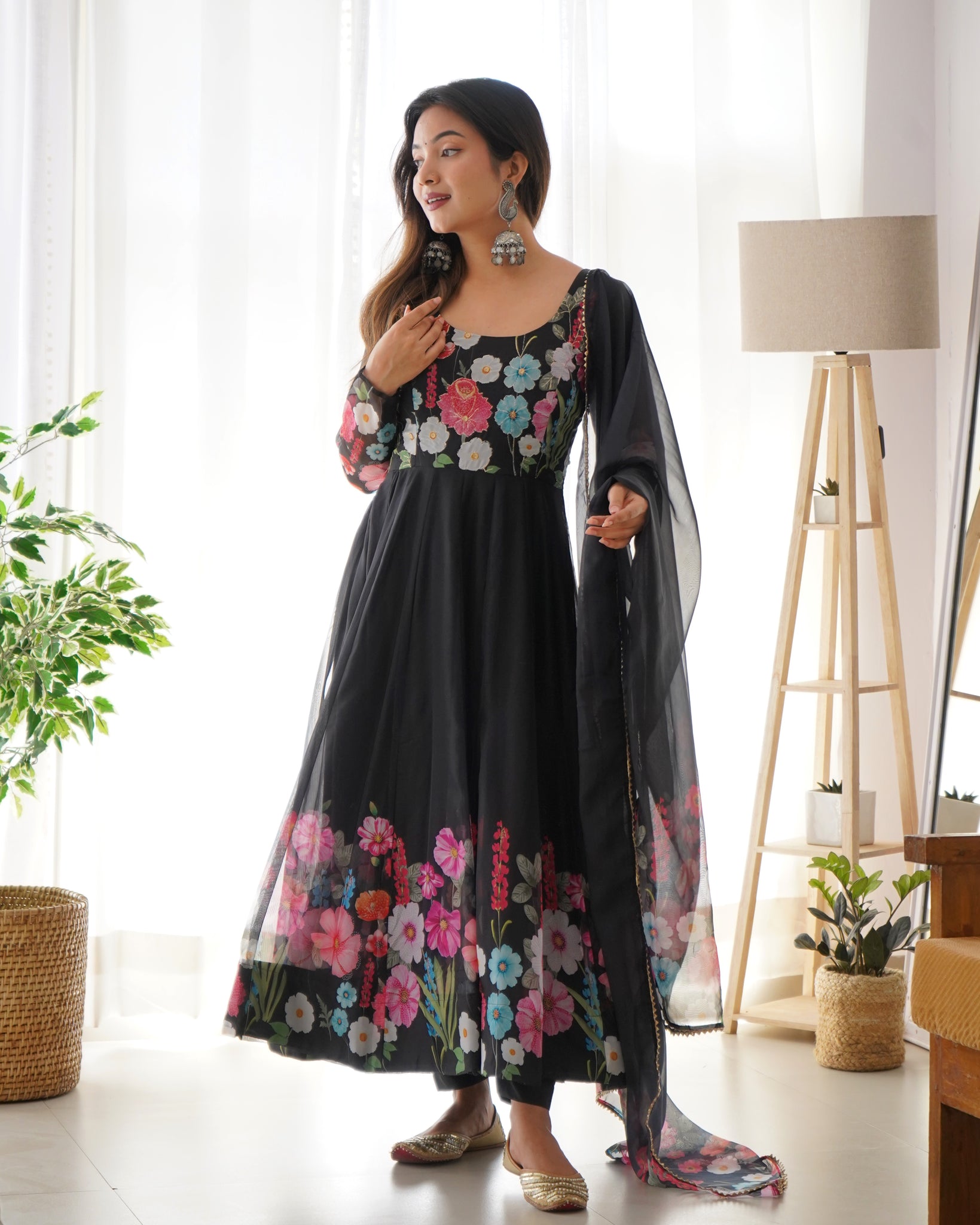 Classic Black Floral Organza Silk Base Anarkali Suit Set Of 3