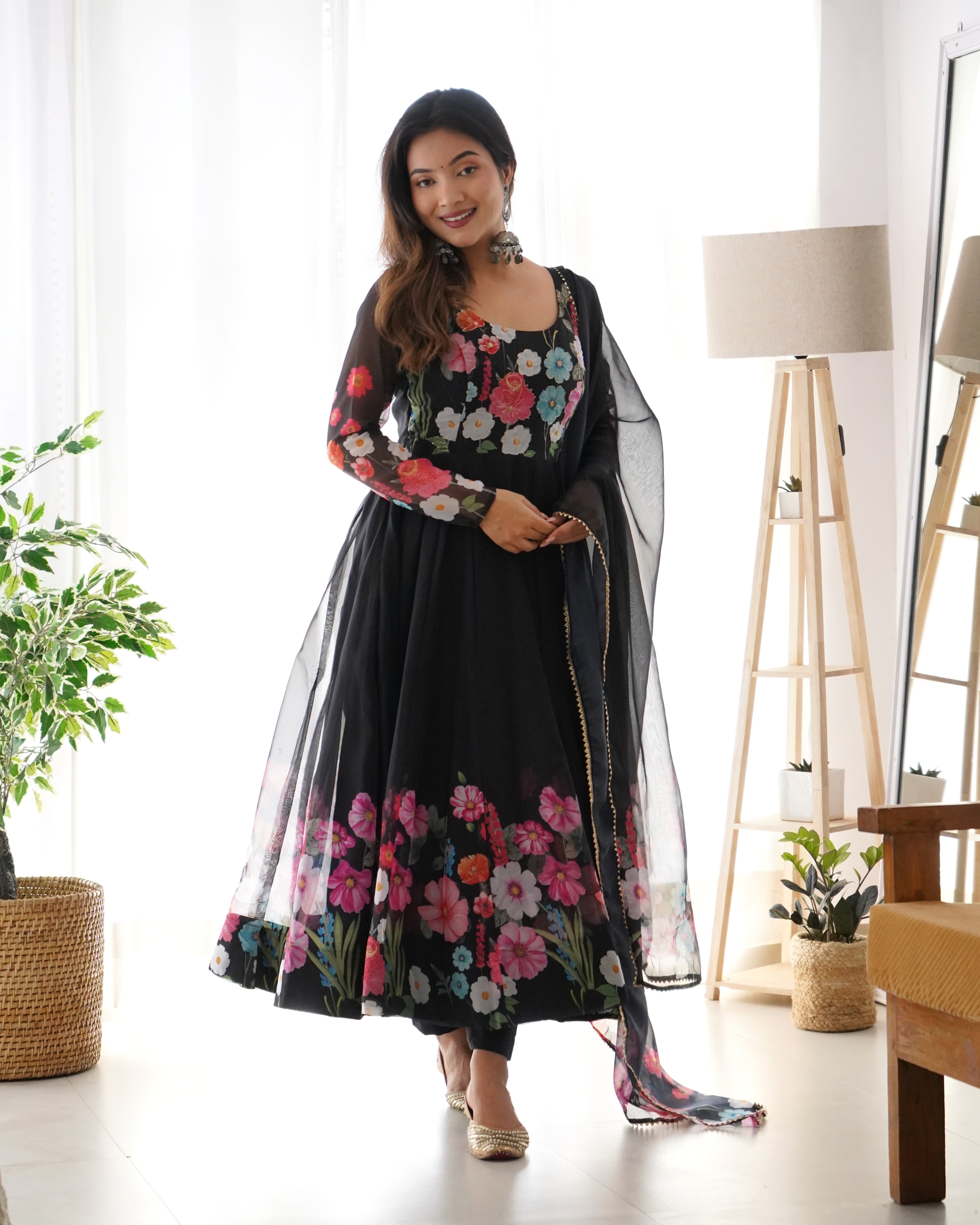 Anarkali Suits : Black georgette floral printed anarkali