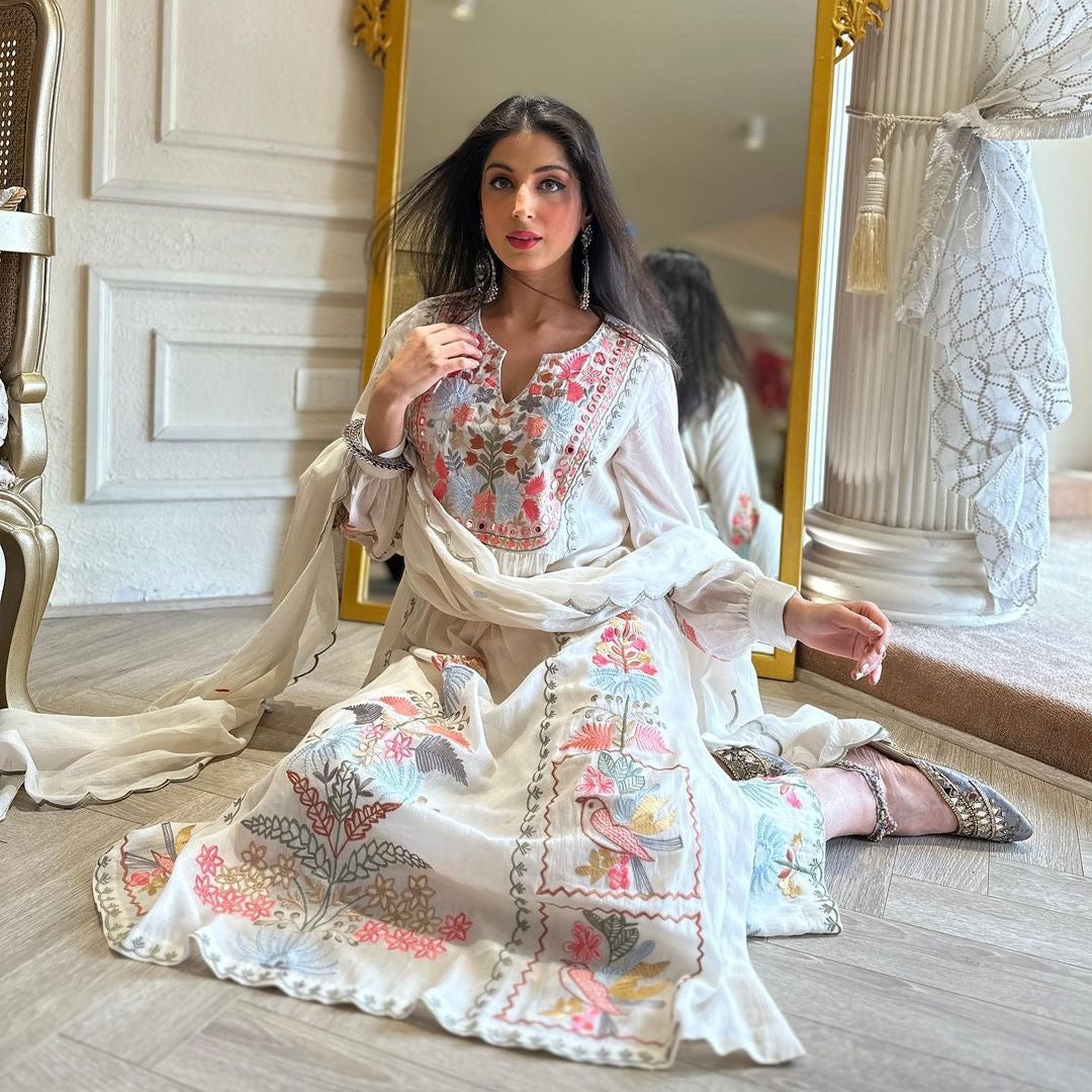 White Real Mirror Work Readymade Palazzo Salwar Suit
