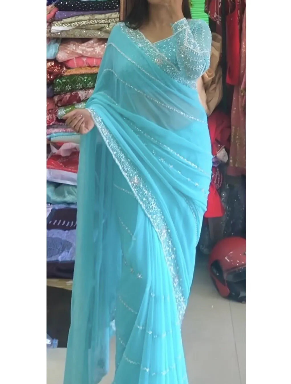 Party Wear Sky Blue Color Georgette Base Embroidery N Sequence Work Fancy Designer Saree