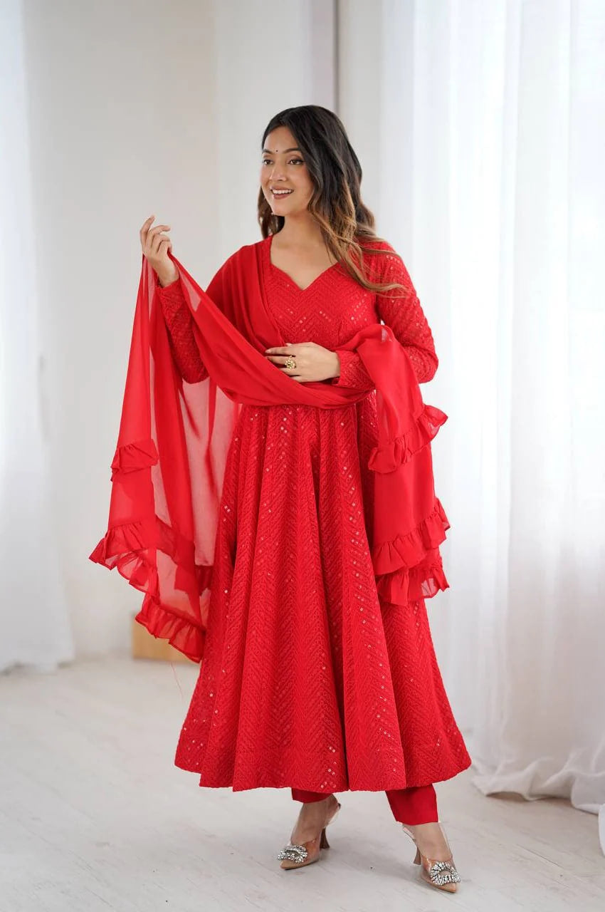 RED COLOR LUCKNOWI WORK ANARKALI SUIT WITH RUFFLE DUPATTA