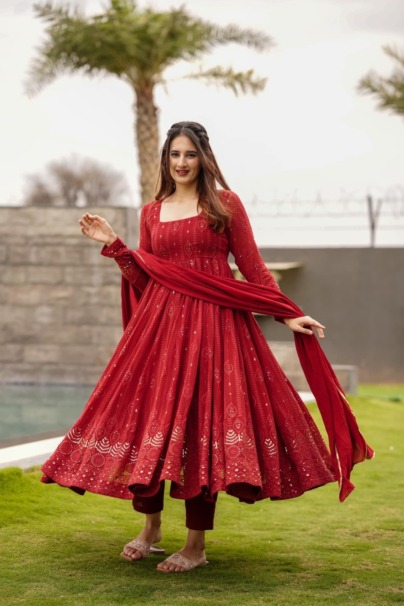 Red Embroidered Georgette Base Anarkali With Churidar And Dupatta – Set Of 3