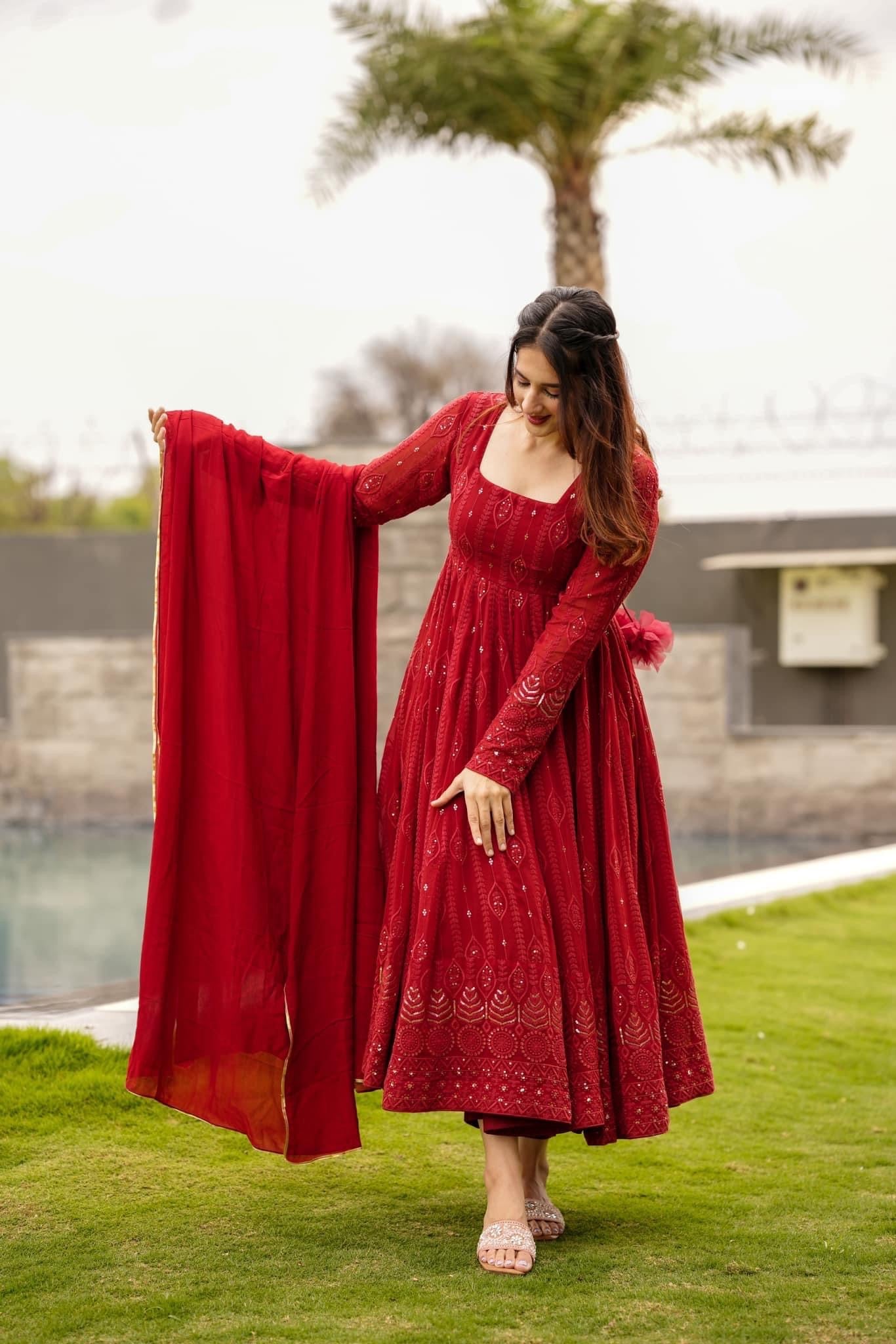 Red Embroidered Georgette Base Anarkali With Churidar And Dupatta – Se –  Fabvilla