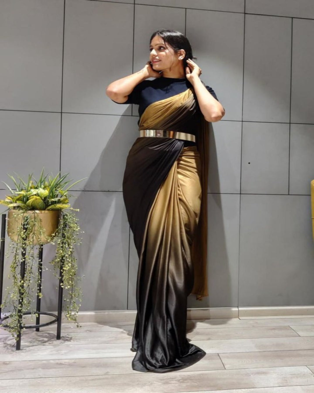 Golden Padding Pre Drape Ready To Wear Saree