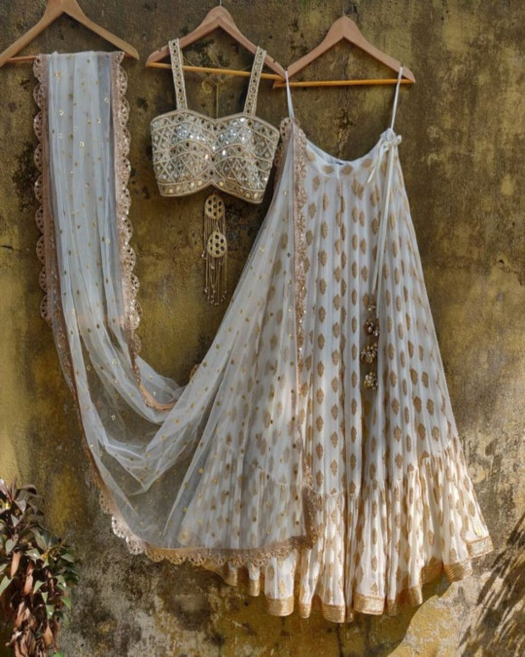 WHITE ZARI MIRROR WORK FESTIVE FLARED RUFFLE LEHENGA CHOLI