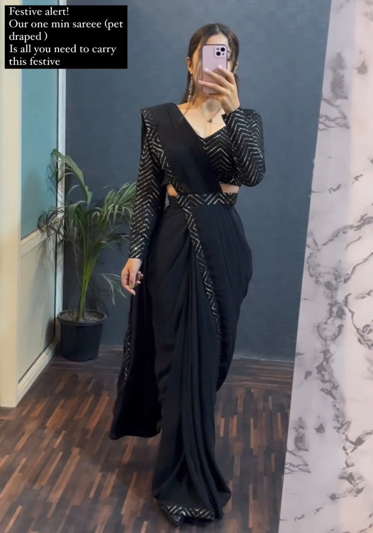Gorgeous Black Color Ready To Wear Saree With Waist Belt