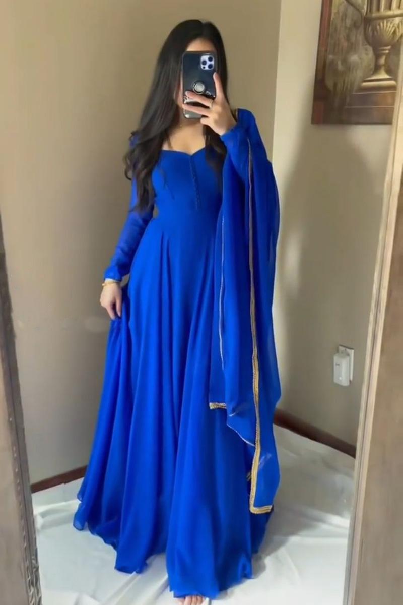 GORGIOUS ROYAL BLUE COLOR GEORGETTE BASE DESIGNER LOOK ANARKALI SUIT WITH CHURIDAR AND EMBROIDERY LACE BORDER DUPPATA SET OF