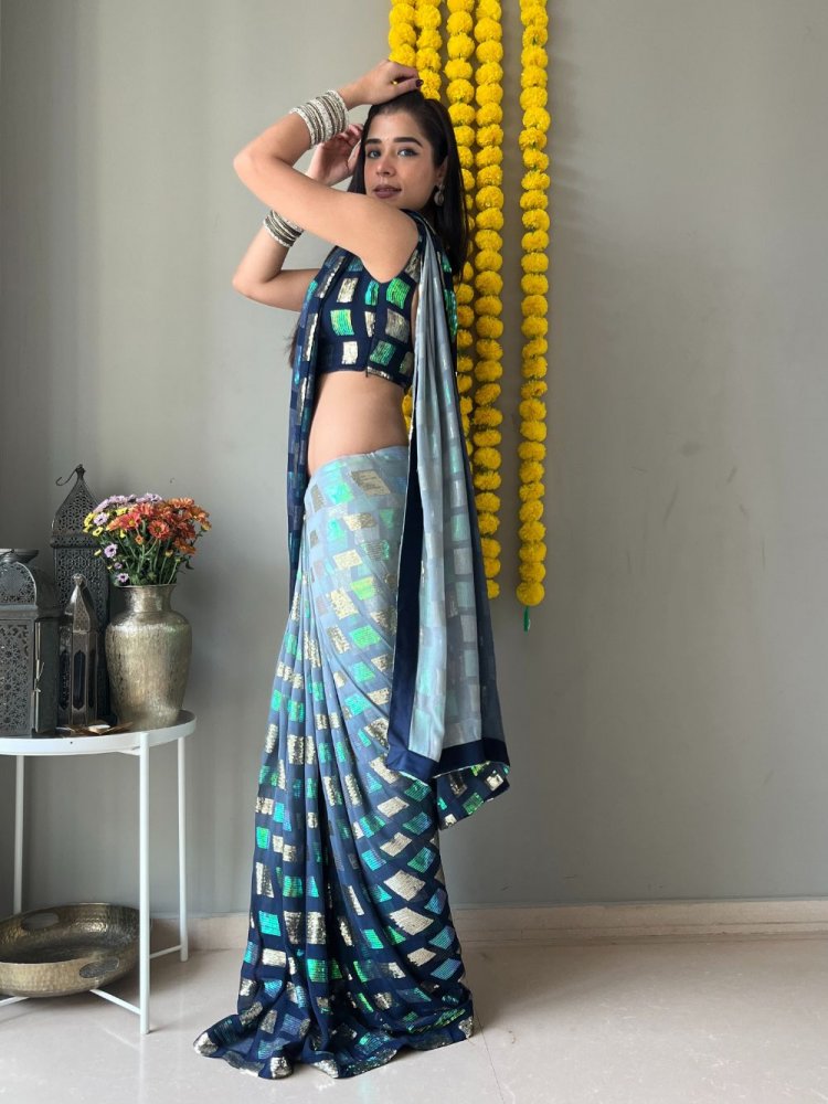 Glorious Blue Shading Multi Color Sequins Work Heavy Saree