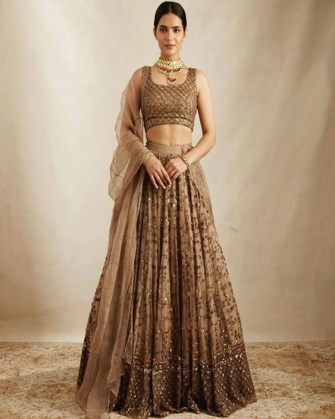 Beauteous Brown Color Soft Net Base Sequence Work Lehenga