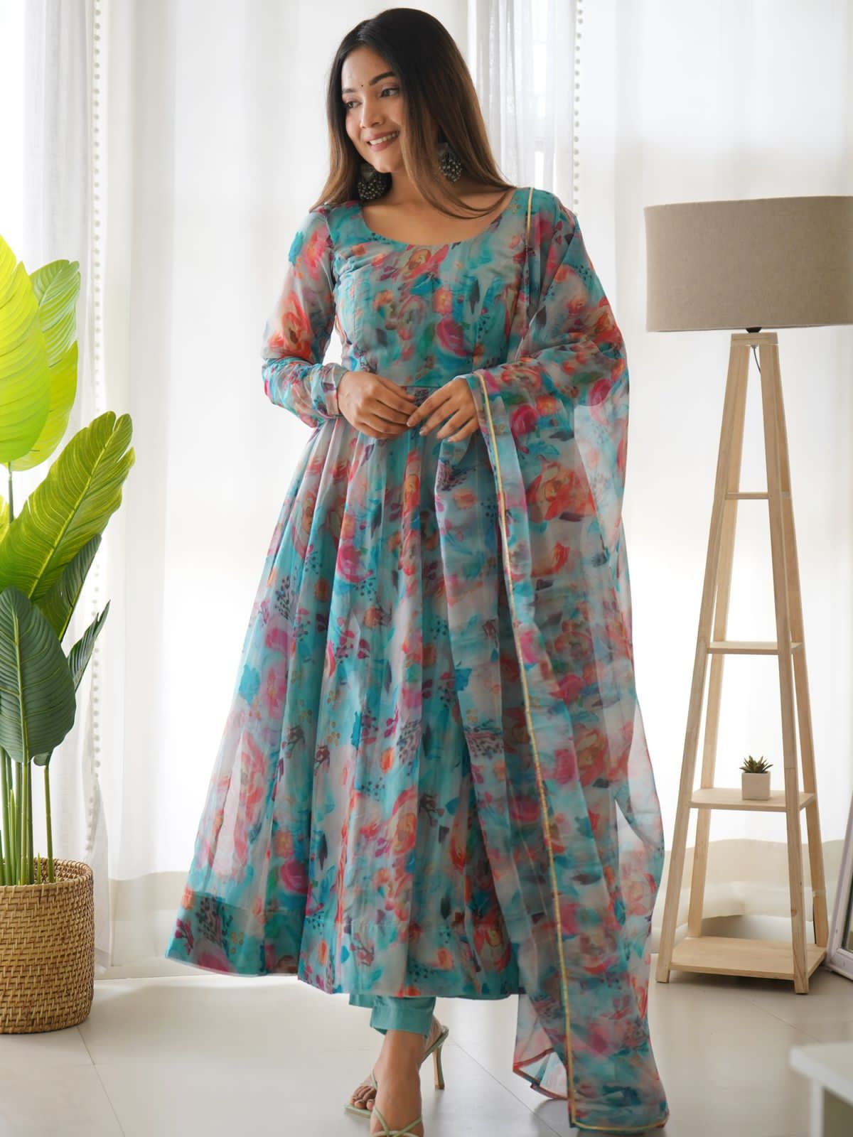 Women's Blue & Pink Floral Printed Flared Anarkali Suit With Lukhnowi Work Belt