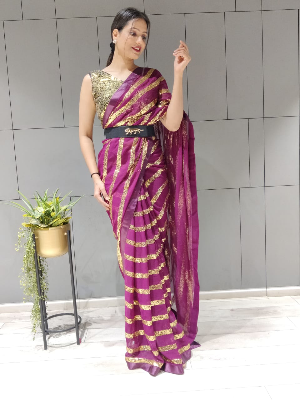 Premium Georgette Embellished With Beautiful Sequins Work Pre Drape Saree