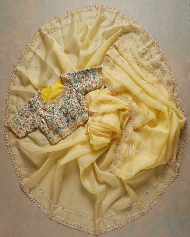 Yellow Color Organza Fabric Saree With Heavy Embroidered Blouse
