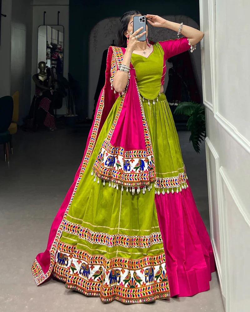 parrot green and pink combination dresses COLOR COTTON NAVRATRI LEHENGA CHOLI – Fabvilla simple pakistani parrot green dress