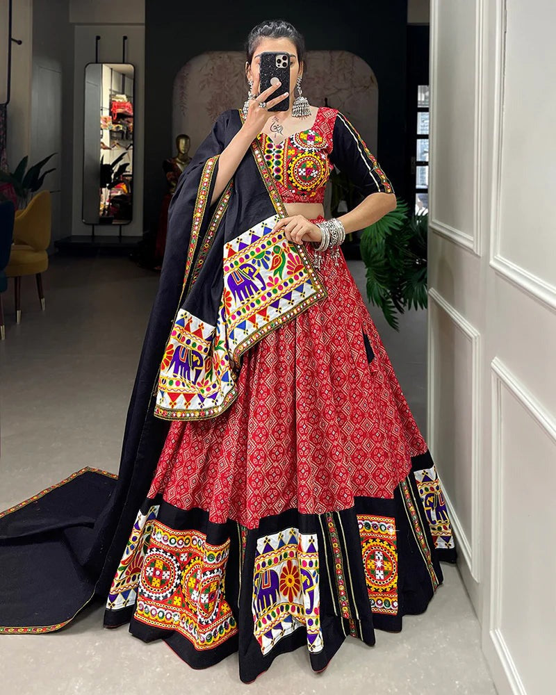RED COLOR COTTON GAMTHI WORK NAVRATRI LEHENGA CHOLI