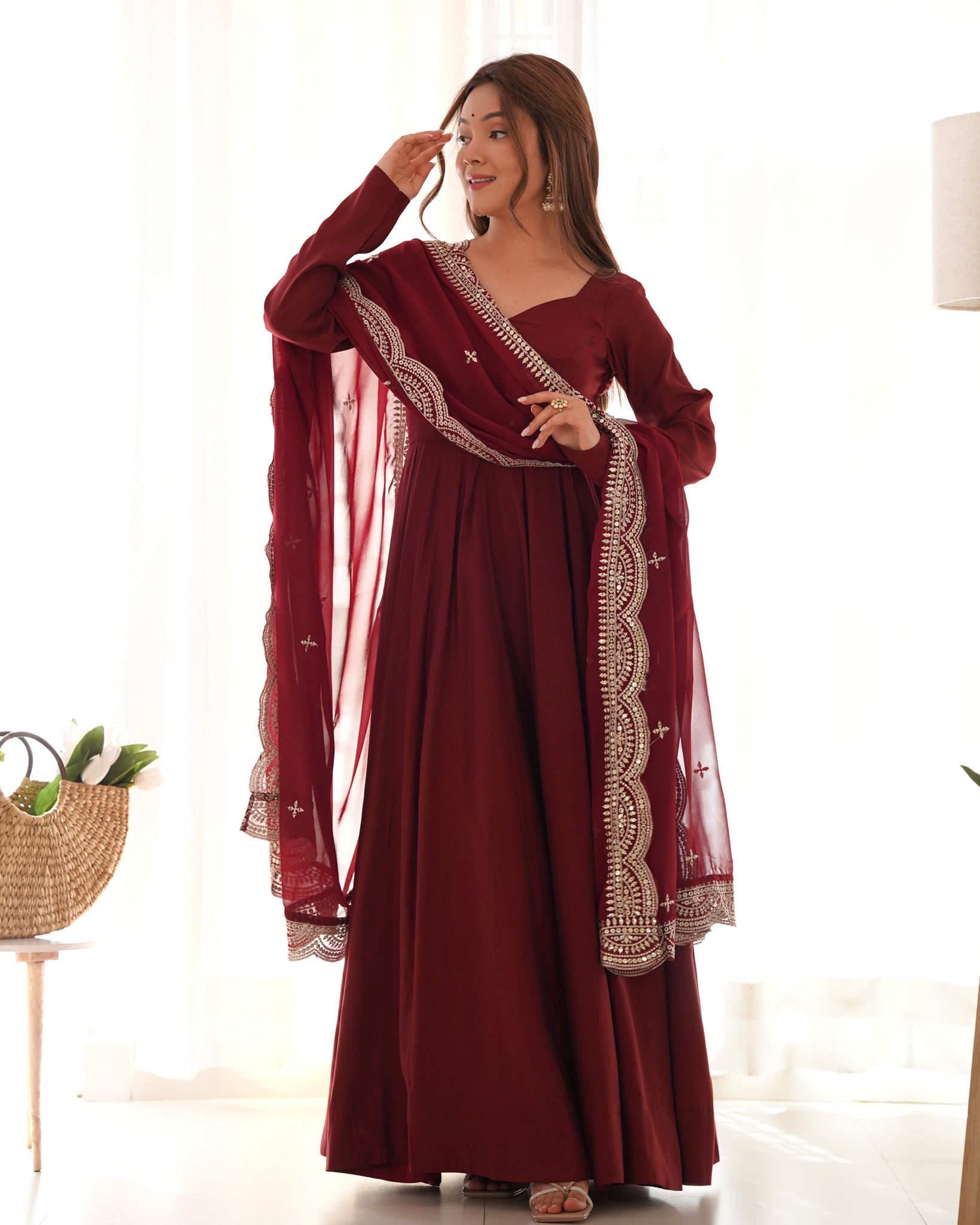 Girlish Maroon Color Silk Base Anarkali Suit Set Of 3