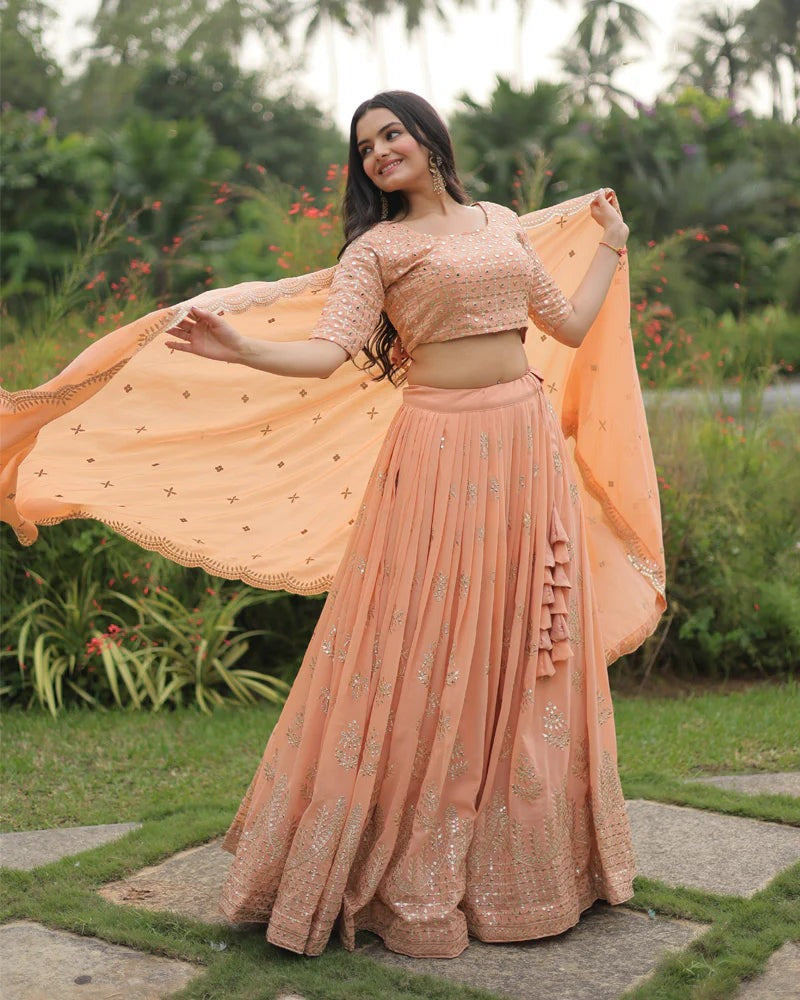 PEACH COLOR SOFT GEORGETTE DESIGNING LEHENGA CHOLI