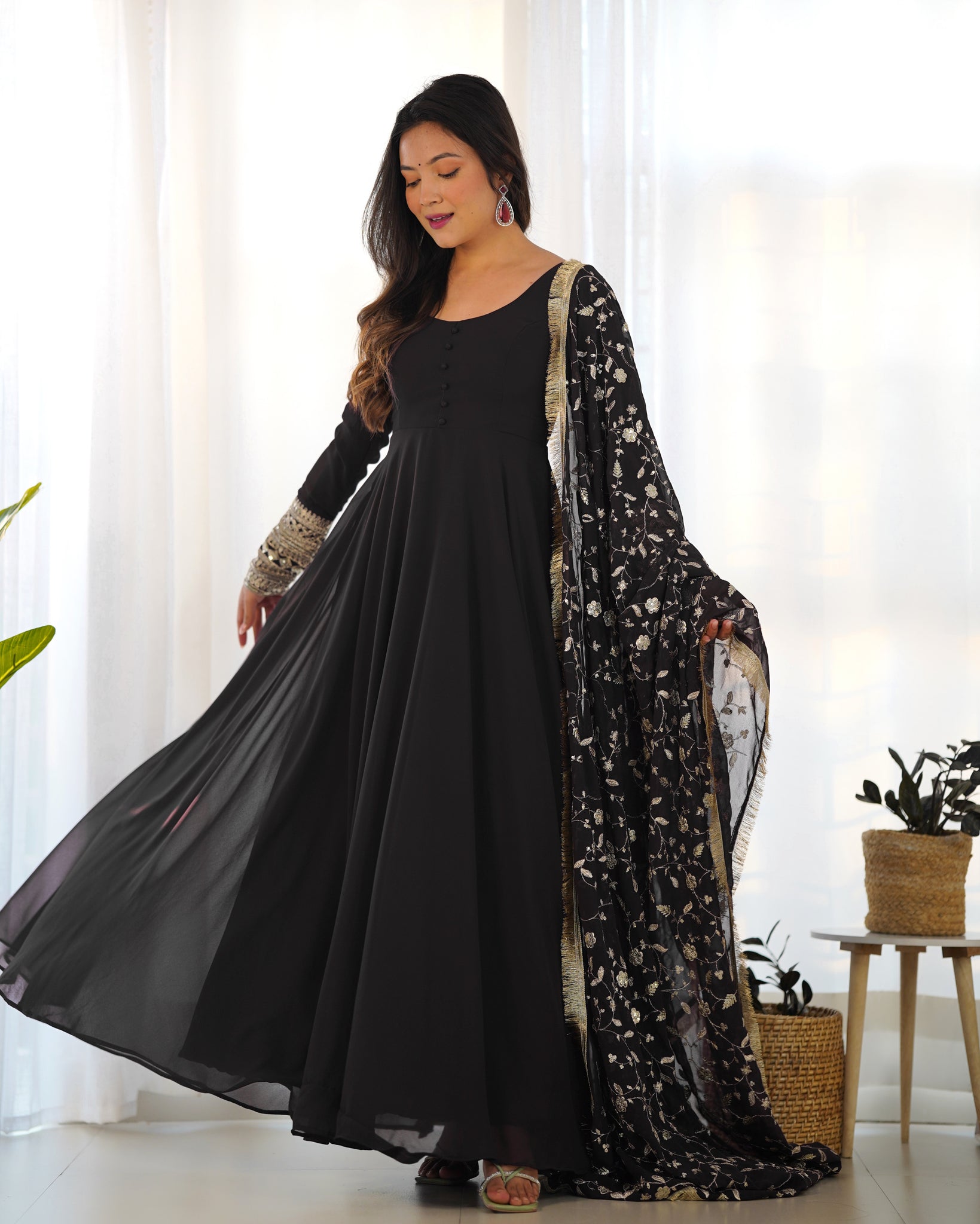 TIMELESS BLACK GEORGETTE GOWN ENSEMBLE LUXURIOUS EMBELLISHMENTS