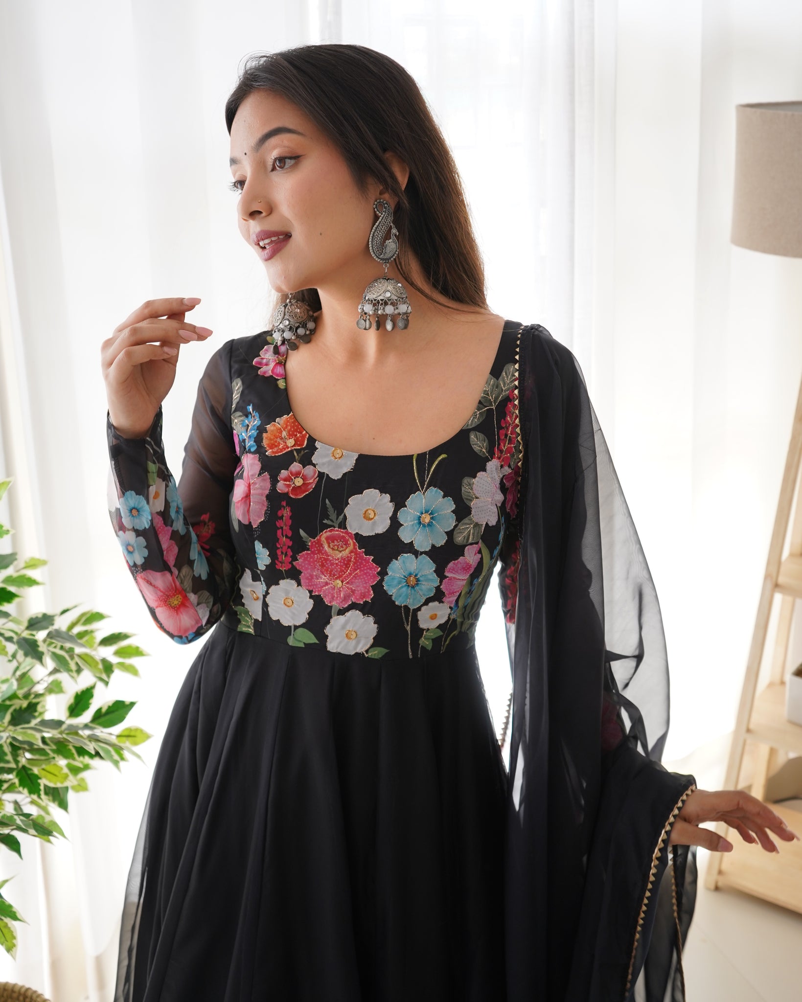 ELEGANT BLACK FLORAL PRINT ANARKALI WITH ZARI WORK AND DUPATTA - READY-TO-WEAR