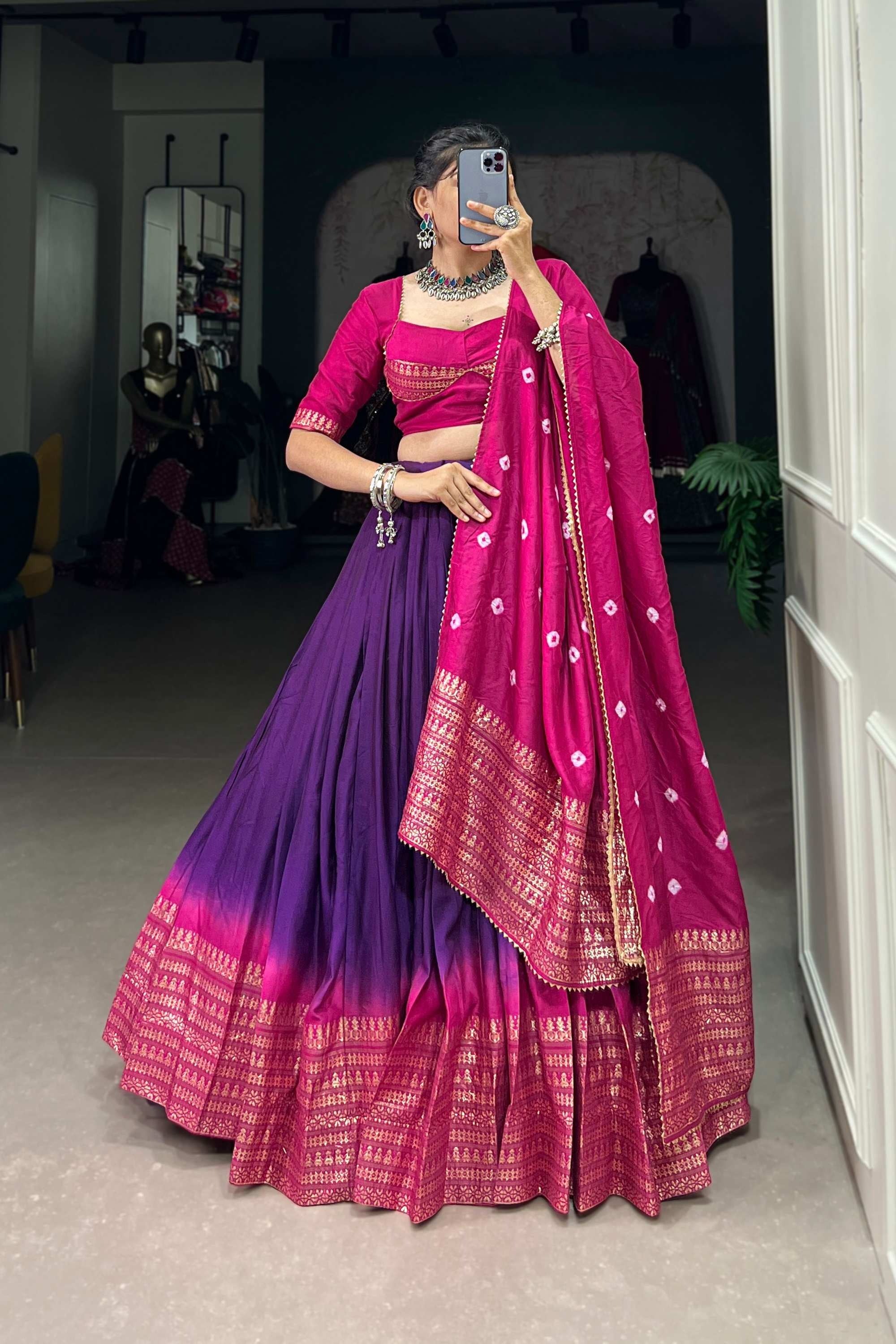 PURPLE COLOR PURE CHANDERI LEHENGA SET WITH ZARI WEAVING AND BANDHEJ P ...