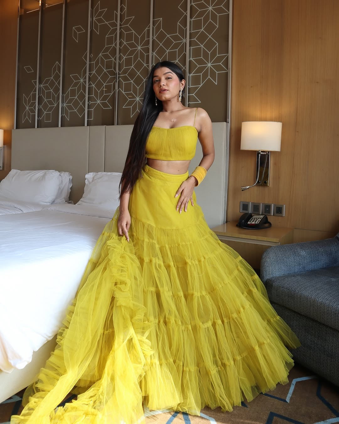 Yellow Ruffle Lehenga Choli in Soft Net with Full Flair and Dupatta