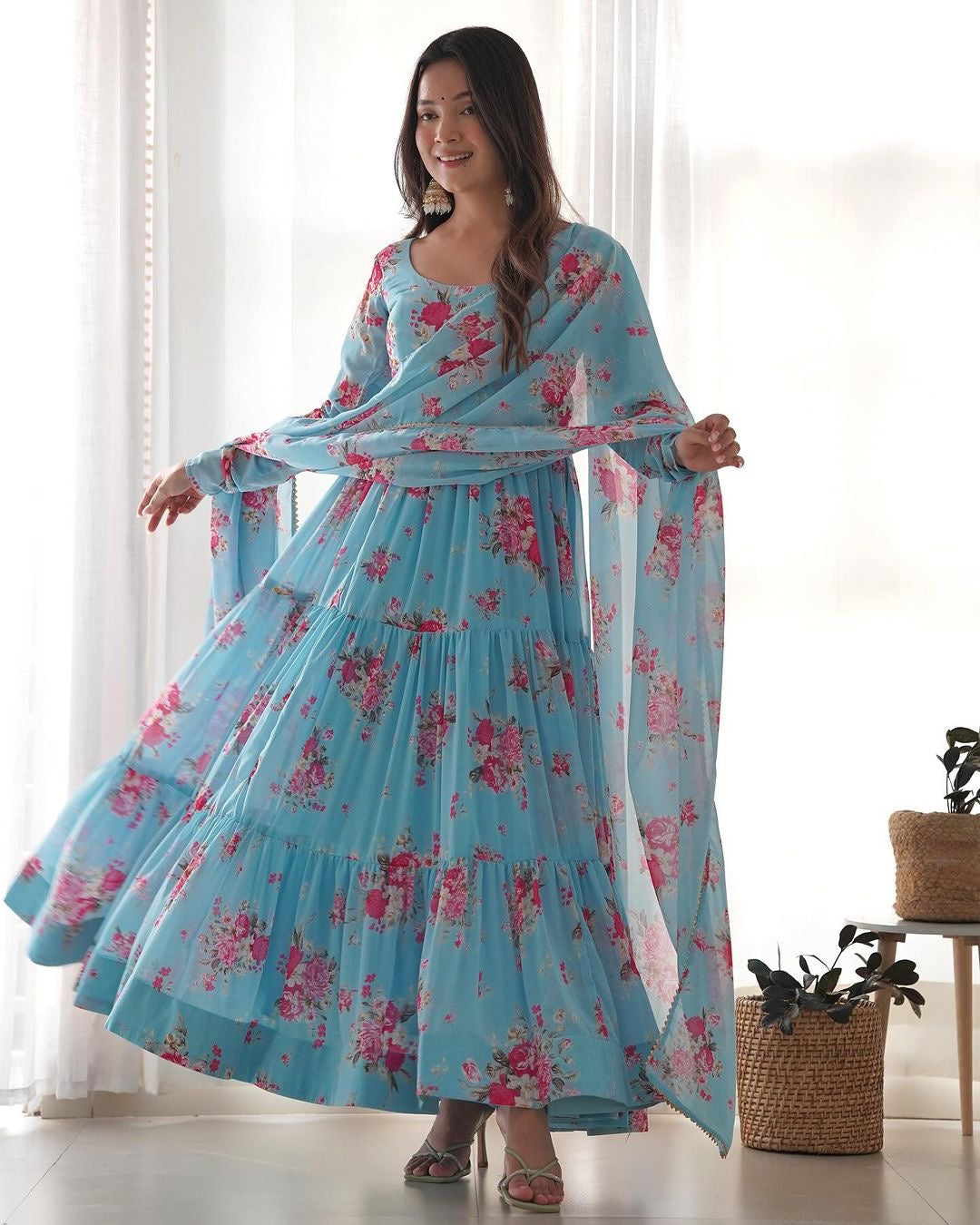 SKY BLUE FLORAL 3-LAYER GEORGETTE GOWN WITH DUPATTA