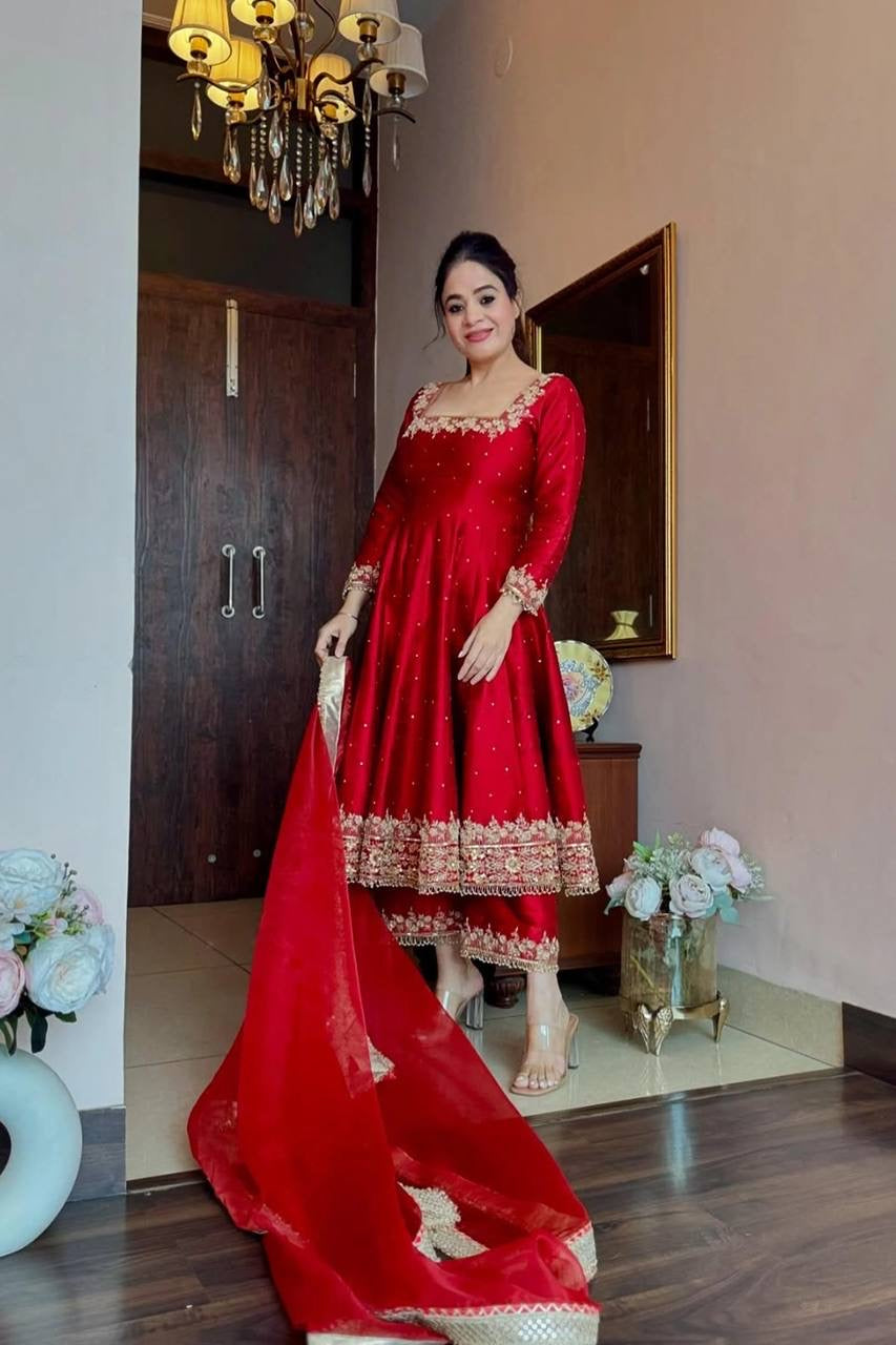 Fabulous Pink & Red Color Anarkali Suit Set Of 3