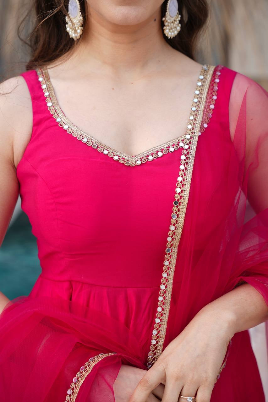 RANI PINK COLOR CHANDERI PURE ROMAN SILK ANARKALI SUIT