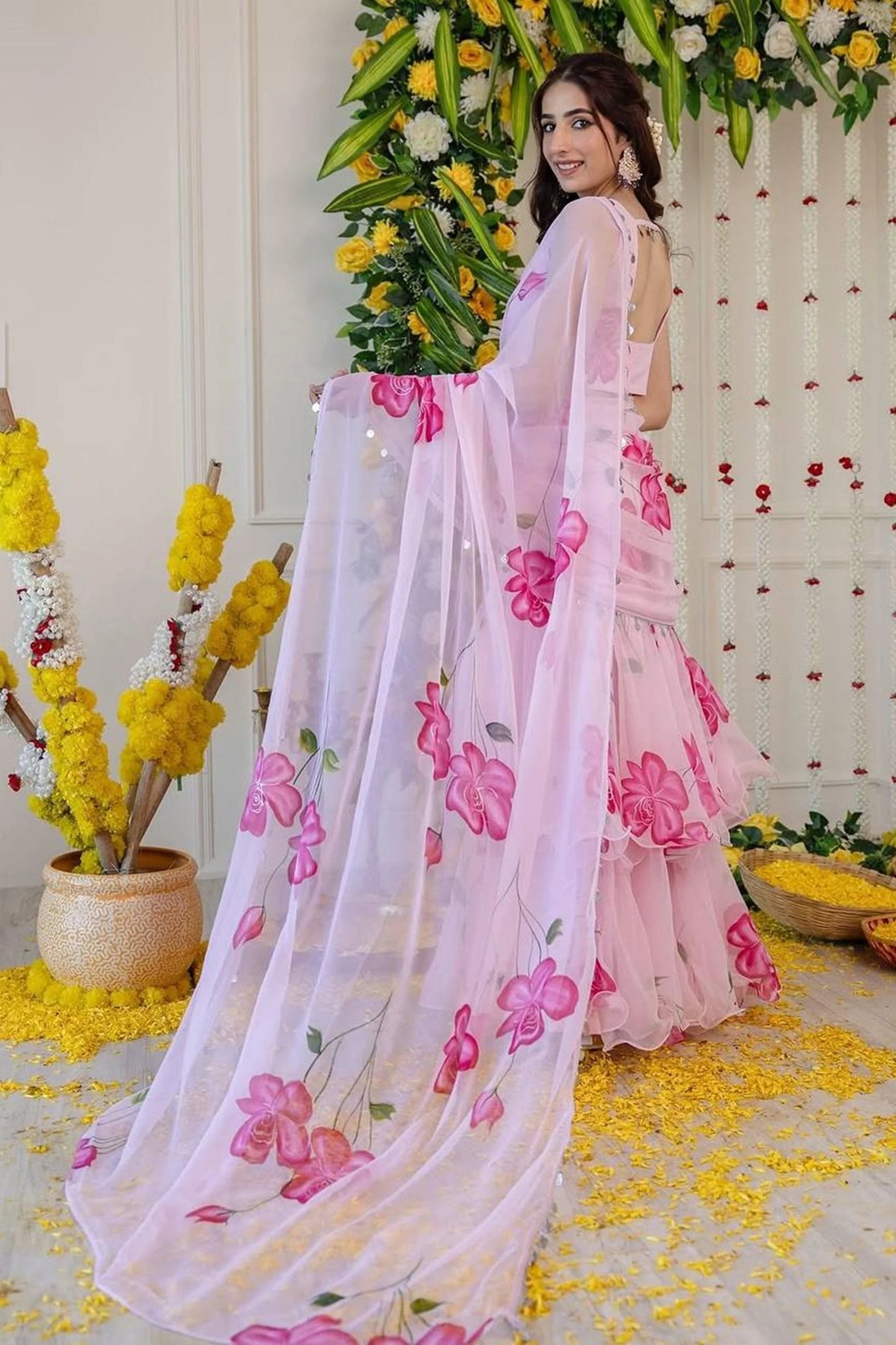 LIGHT PINK FLORAL PRINT GEORGETTE RUFFLE SAREE WITH STITCHED BLOUSE