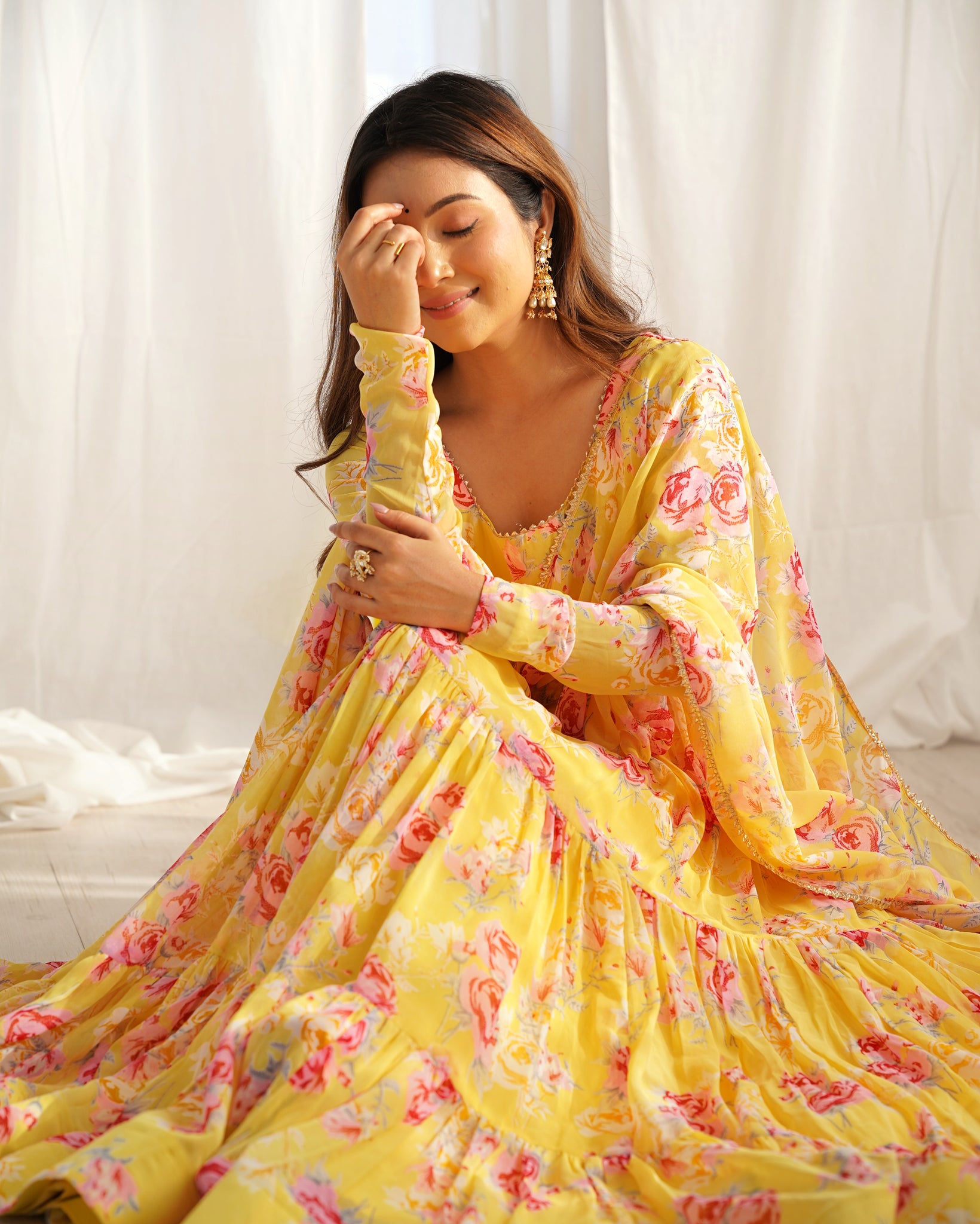 CANDY YELLOW FLORAL 3-LAYER GEORGETTE GOWN WITH DUPATTA