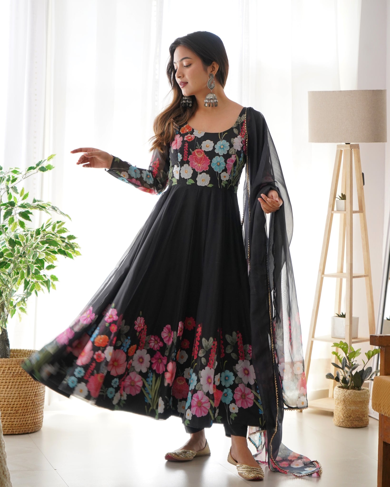 ELEGANT BLACK FLORAL PRINT ANARKALI WITH ZARI WORK AND DUPATTA - READY-TO-WEAR