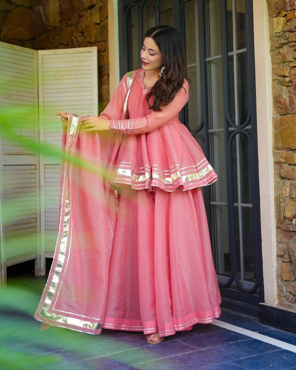 PINK COLOR TISSUE CRUSH FABRIC KURTA SUIT SET OF 3