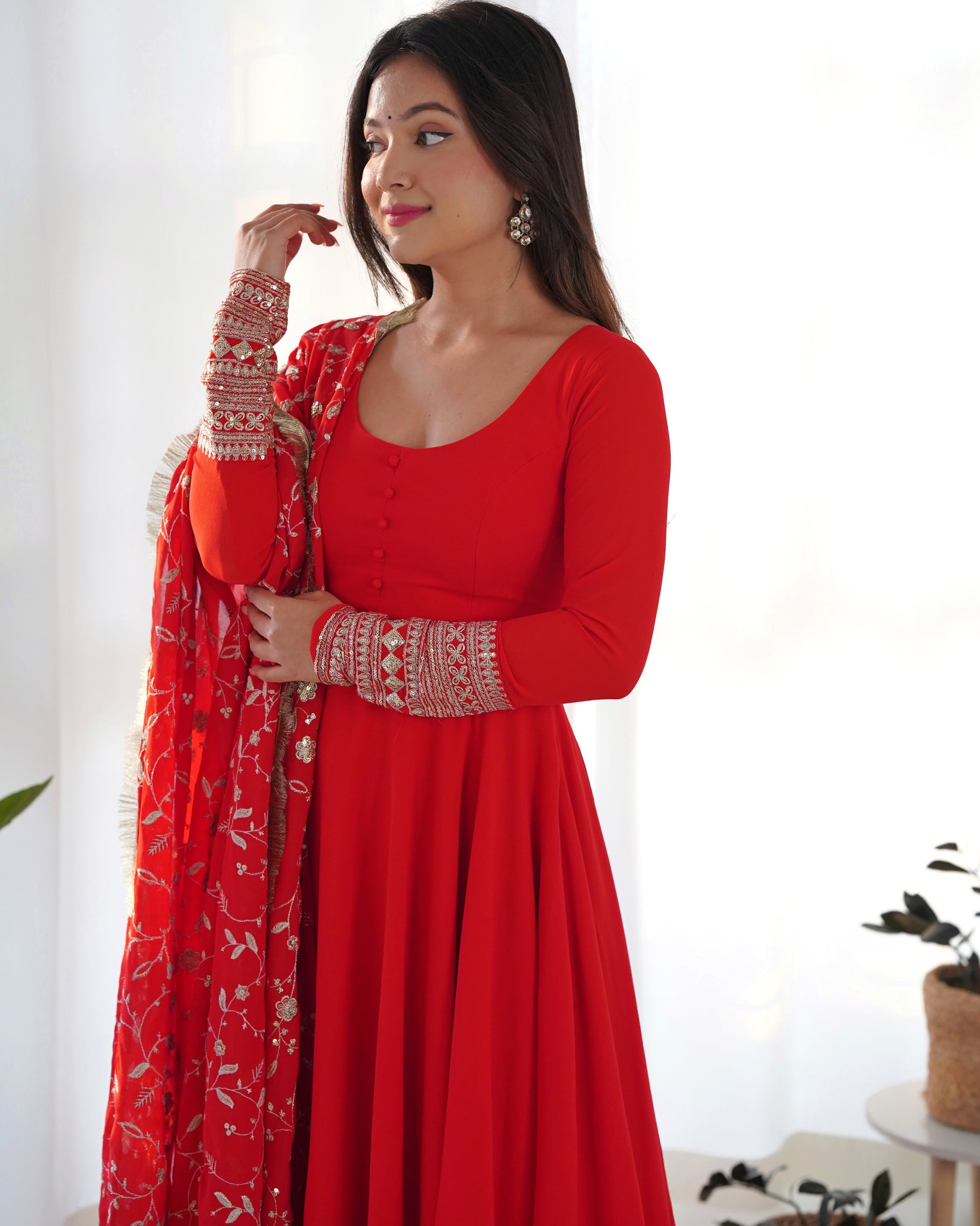 GOURGEOUS RED COLOR GEORGETTE GOWN FULL SET WITH EMBROIDERED DUPATTA