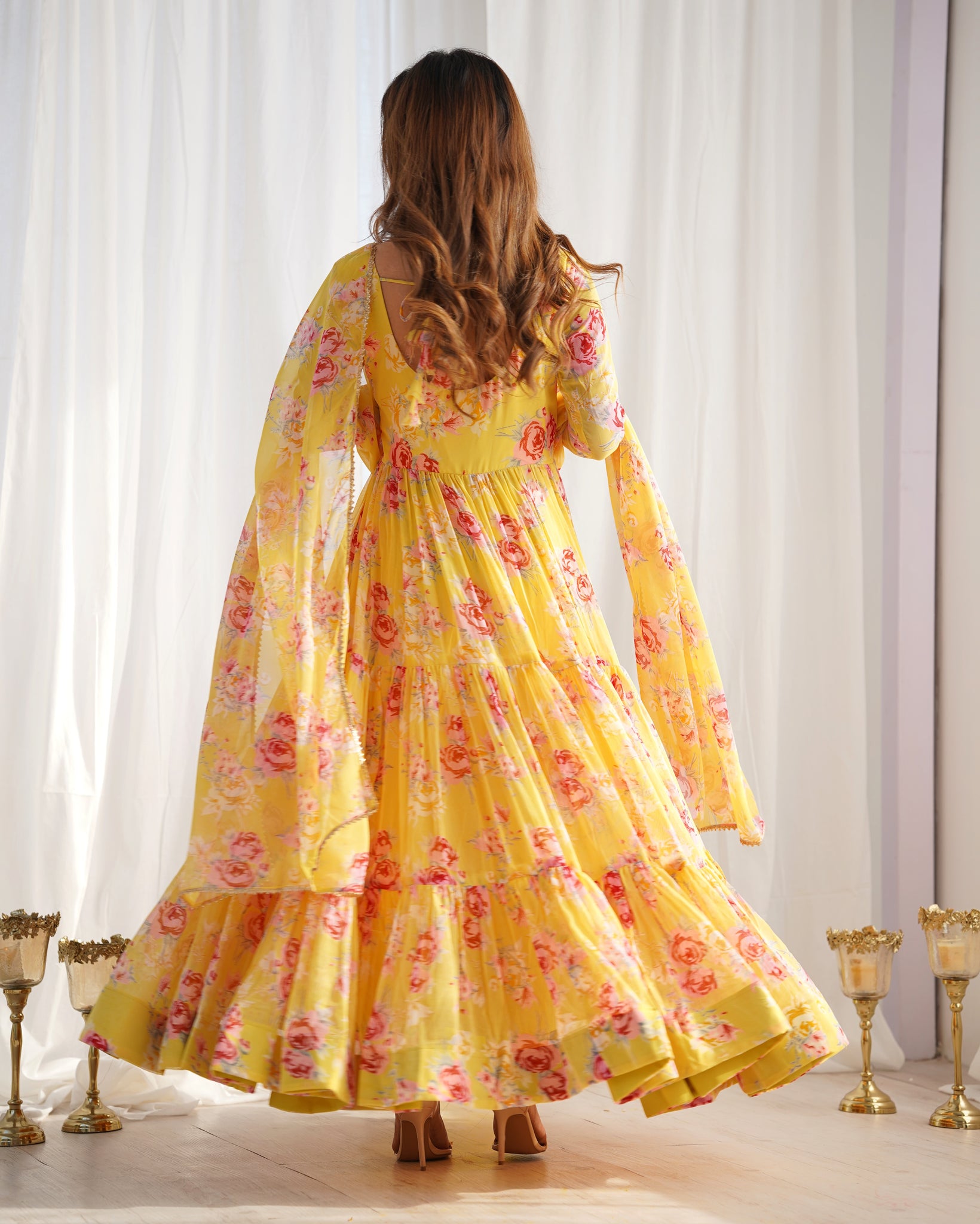 CANDY YELLOW FLORAL 3-LAYER GEORGETTE GOWN WITH DUPATTA