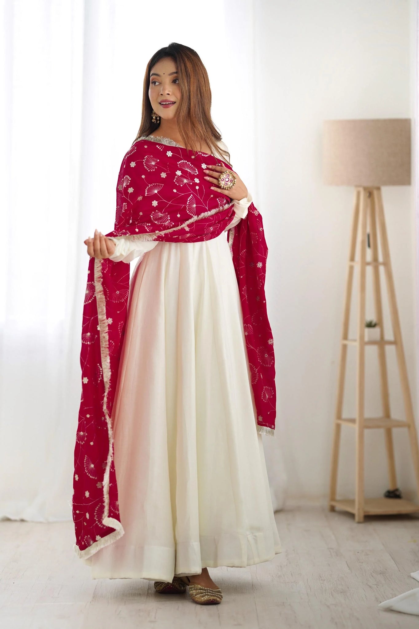 WHITE VICHITRA SILK ANARKALI SUIT WITH RANI PINK HEAVY DUPATTA