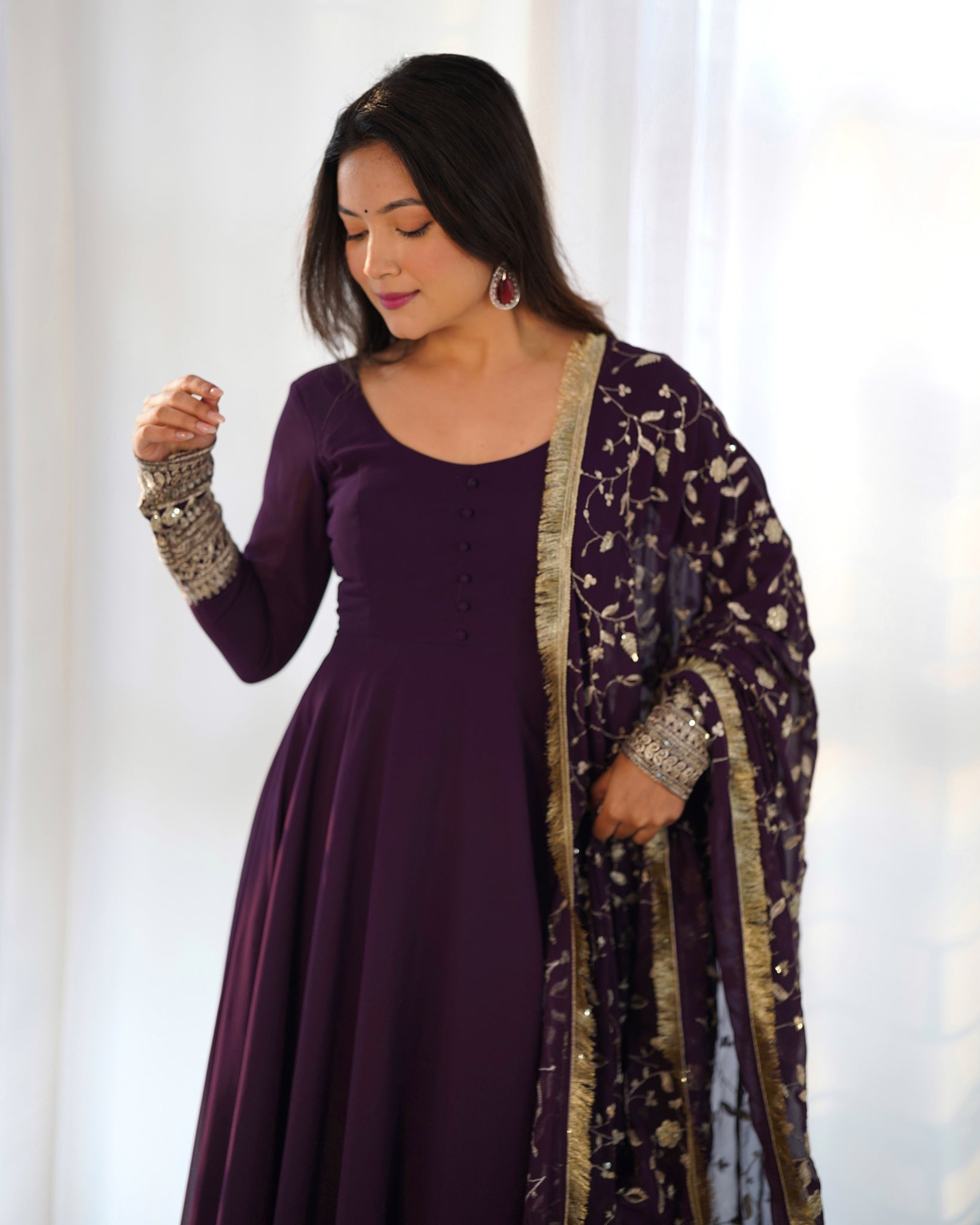 ELEGANT WINE GEORGETTE GOWN SET WITH DUPATTA - LUXURIOUS & CHIC