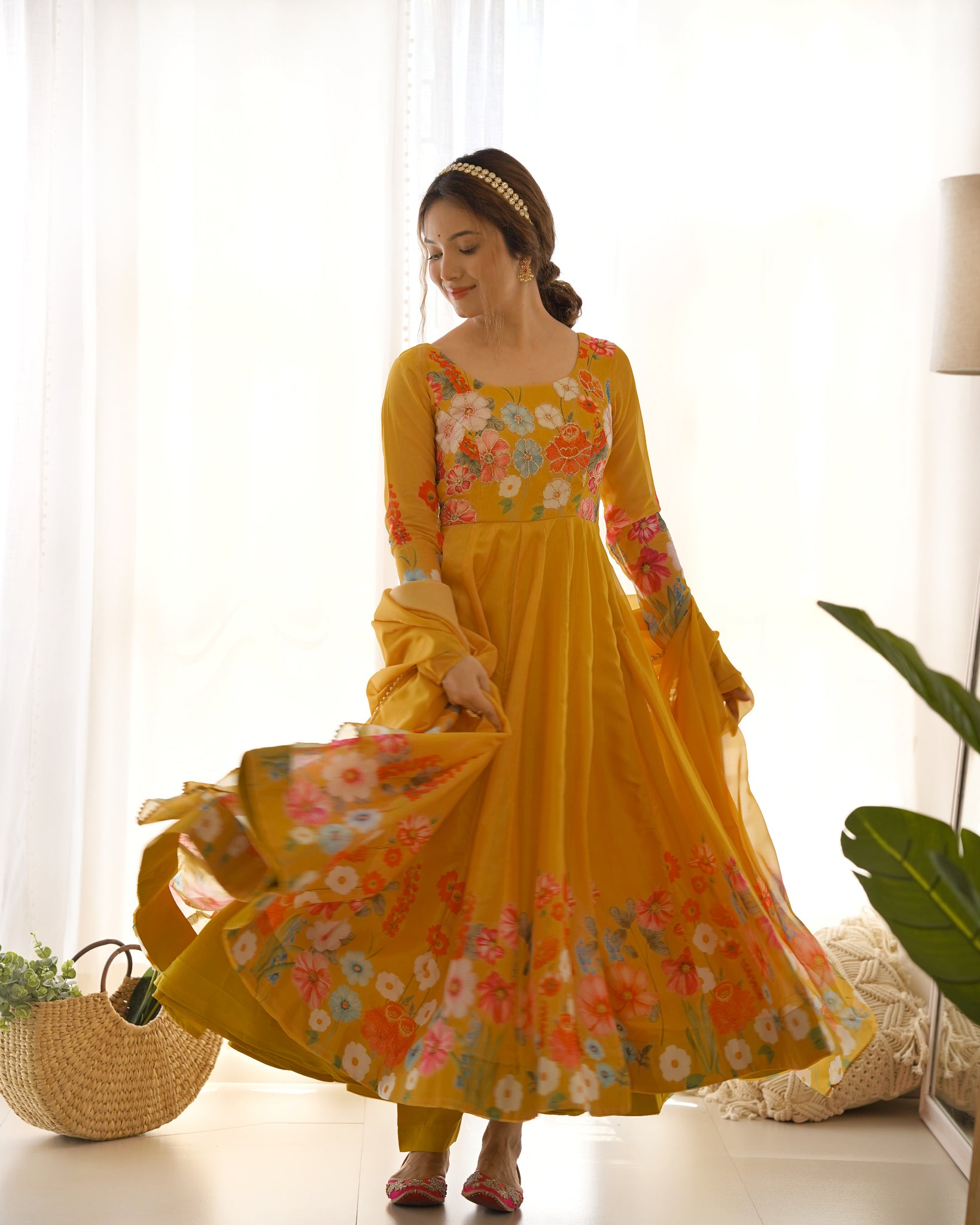 YELLOW FLORAL PRINT ORGANZA THREE PIECE ANARKALI SUIT