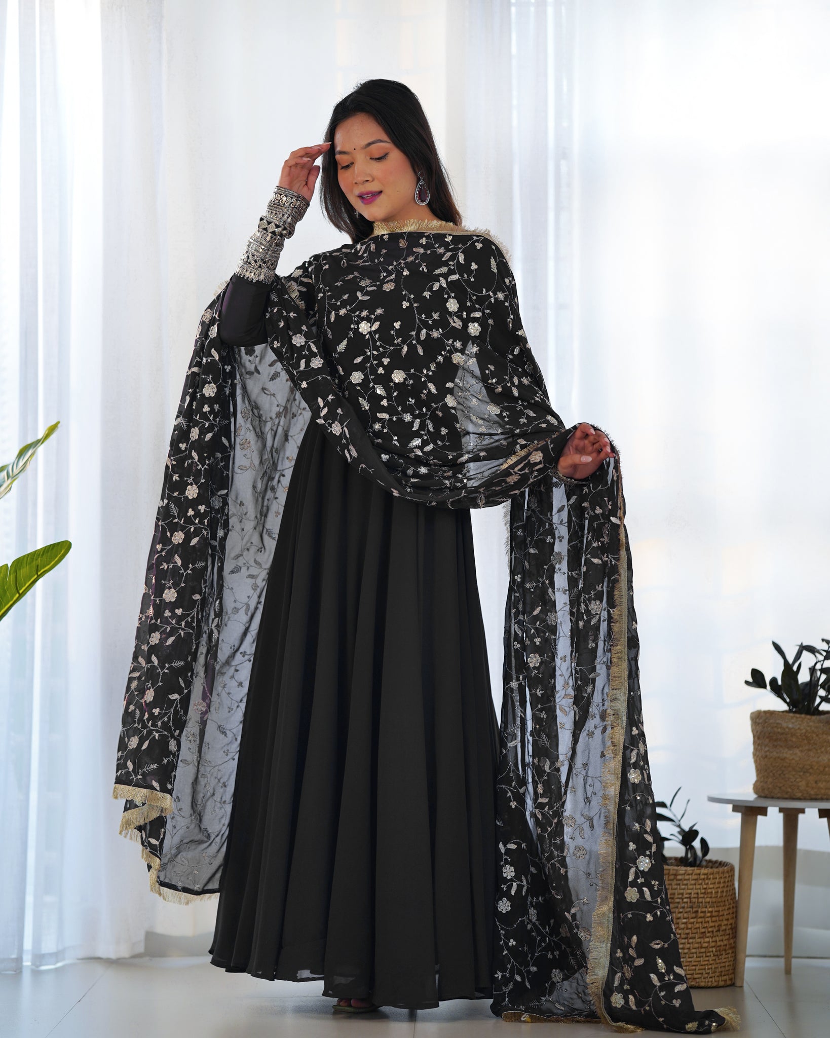 TIMELESS BLACK GEORGETTE GOWN ENSEMBLE LUXURIOUS EMBELLISHMENTS