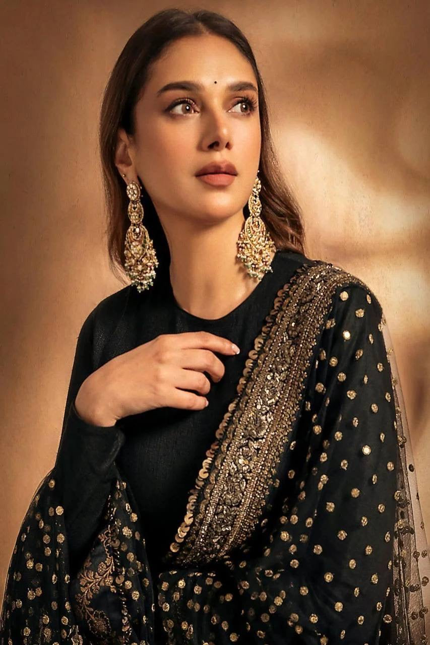 ADITI RAO-INSPIRED BLACK COLOR GEORGETTE BASE EMBROIDERED ANARKALI SUIT SET OF 2