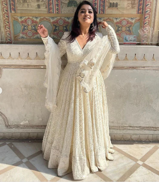 LUXURIOUS WHITE GEORGETTE ANARKALI SUIT SET WITH LAKHNAWI WORK