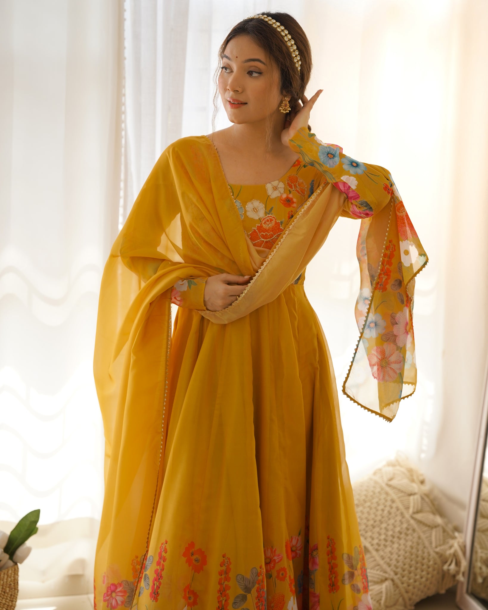 YELLOW FLORAL PRINT ORGANZA THREE PIECE ANARKALI SUIT