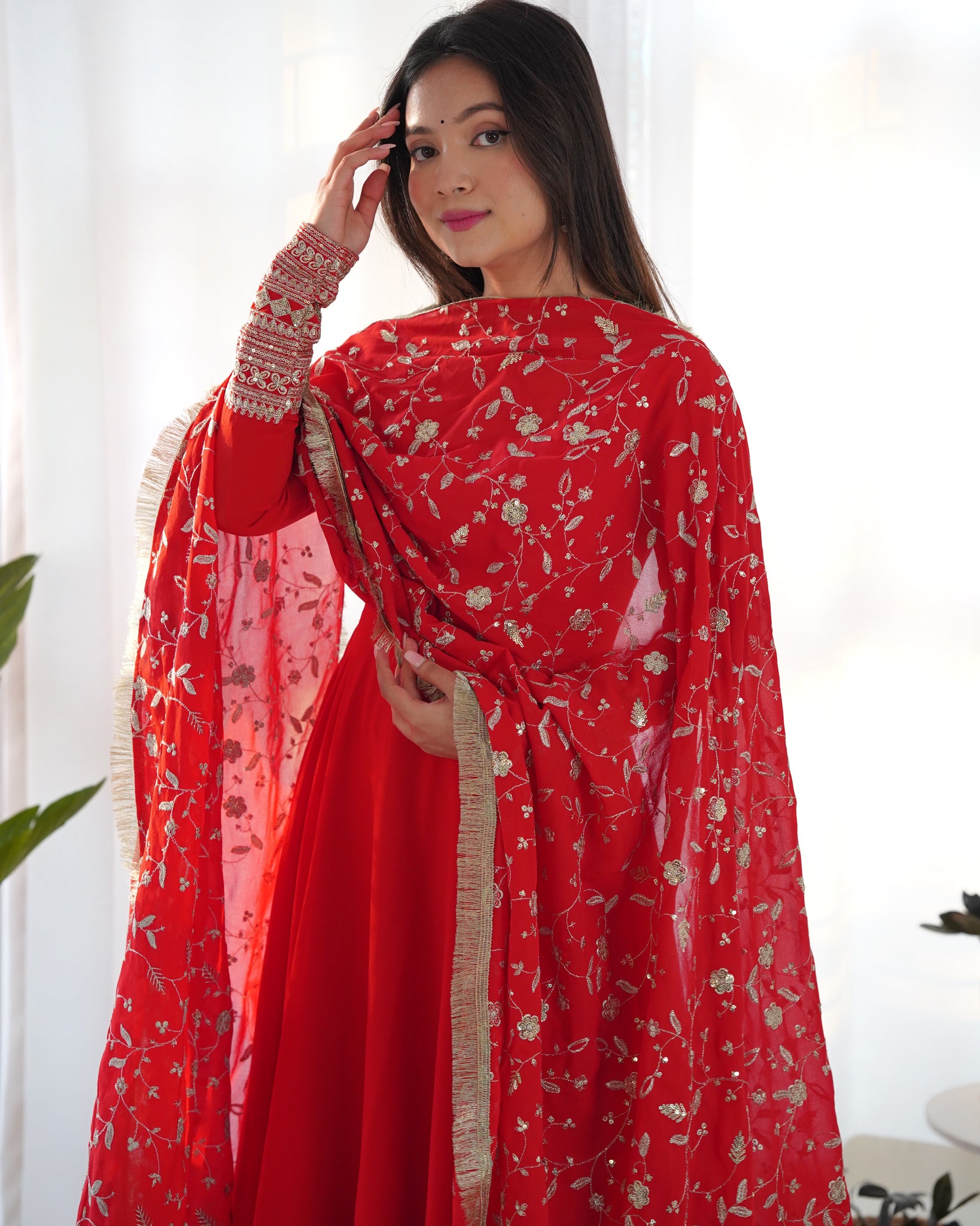 GOURGEOUS RED COLOR GEORGETTE GOWN FULL SET WITH EMBROIDERED DUPATTA