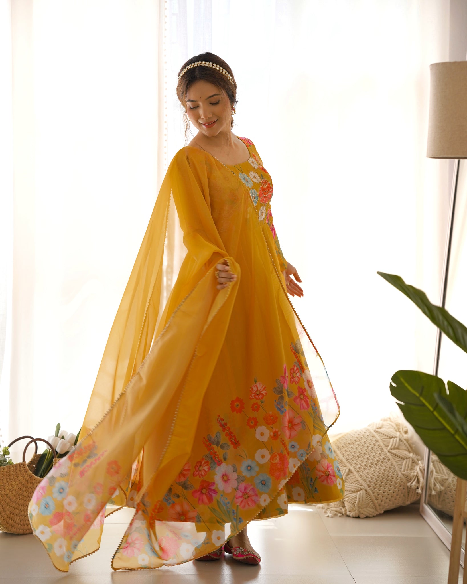 YELLOW FLORAL PRINT ORGANZA THREE PIECE ANARKALI SUIT