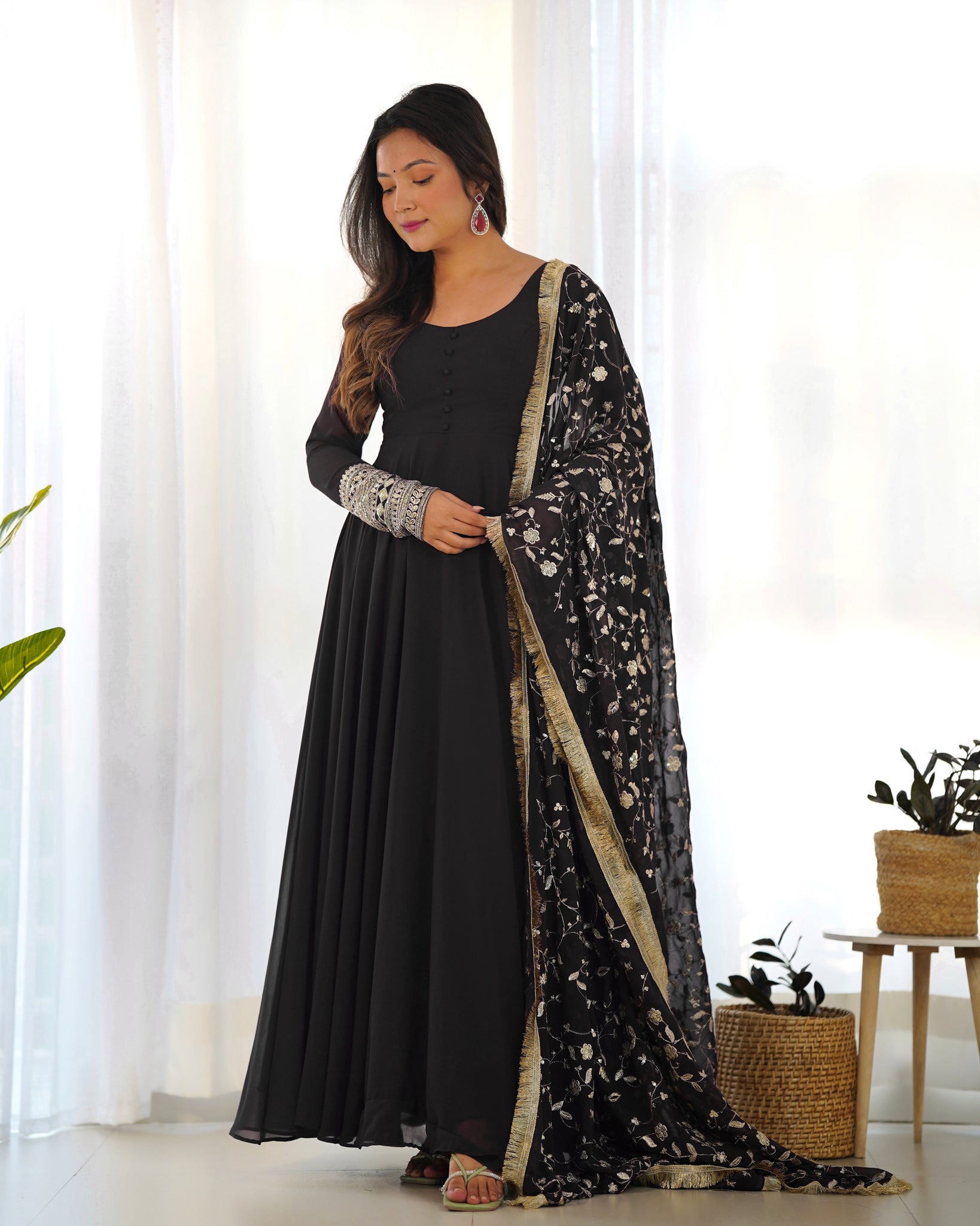 TIMELESS BLACK GEORGETTE GOWN ENSEMBLE LUXURIOUS EMBELLISHMENTS