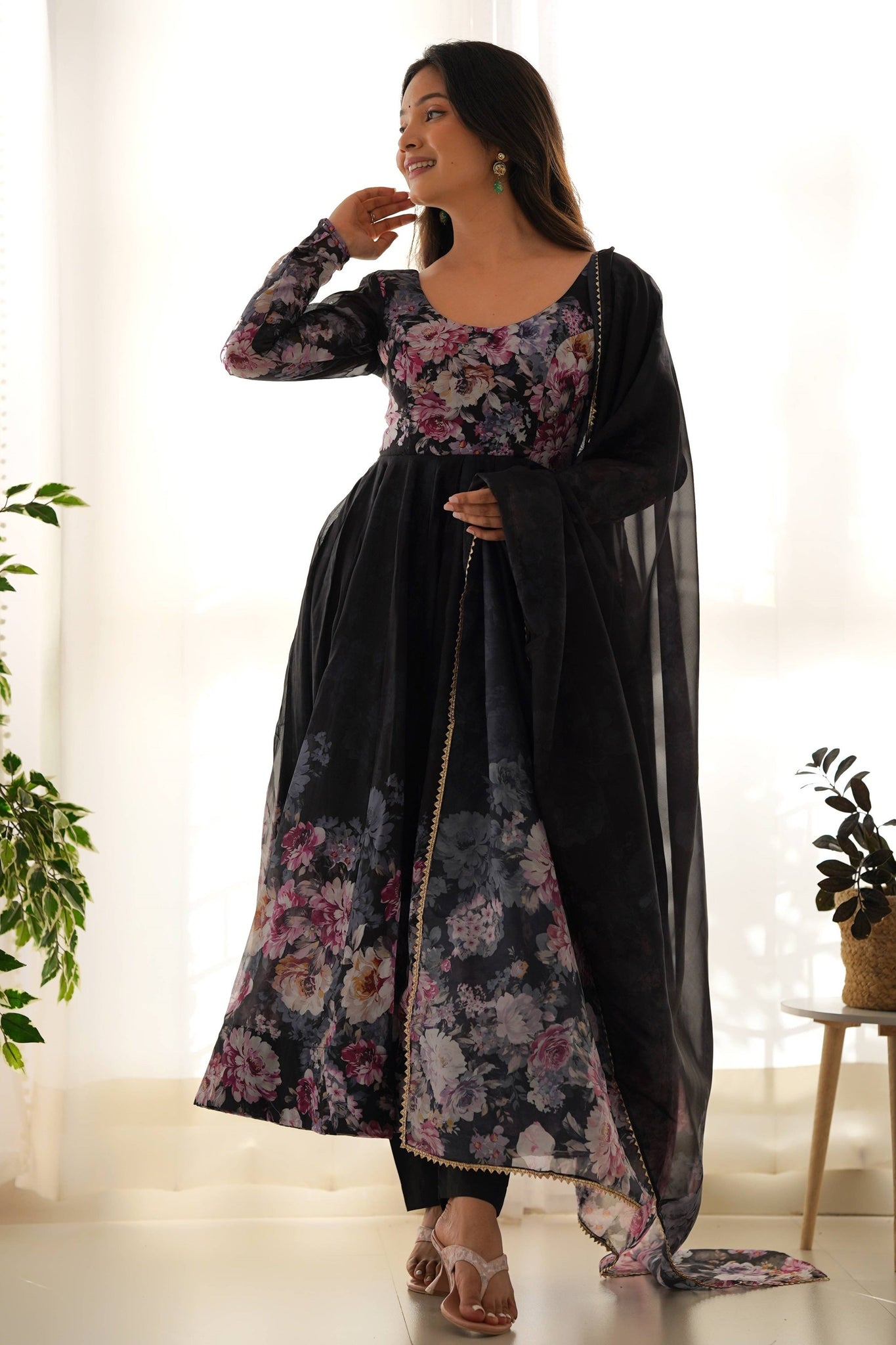 SOPHISTICATED BLACK ORGANZA SILK ANARKALI SUIT SET - PERFECT CHOICE