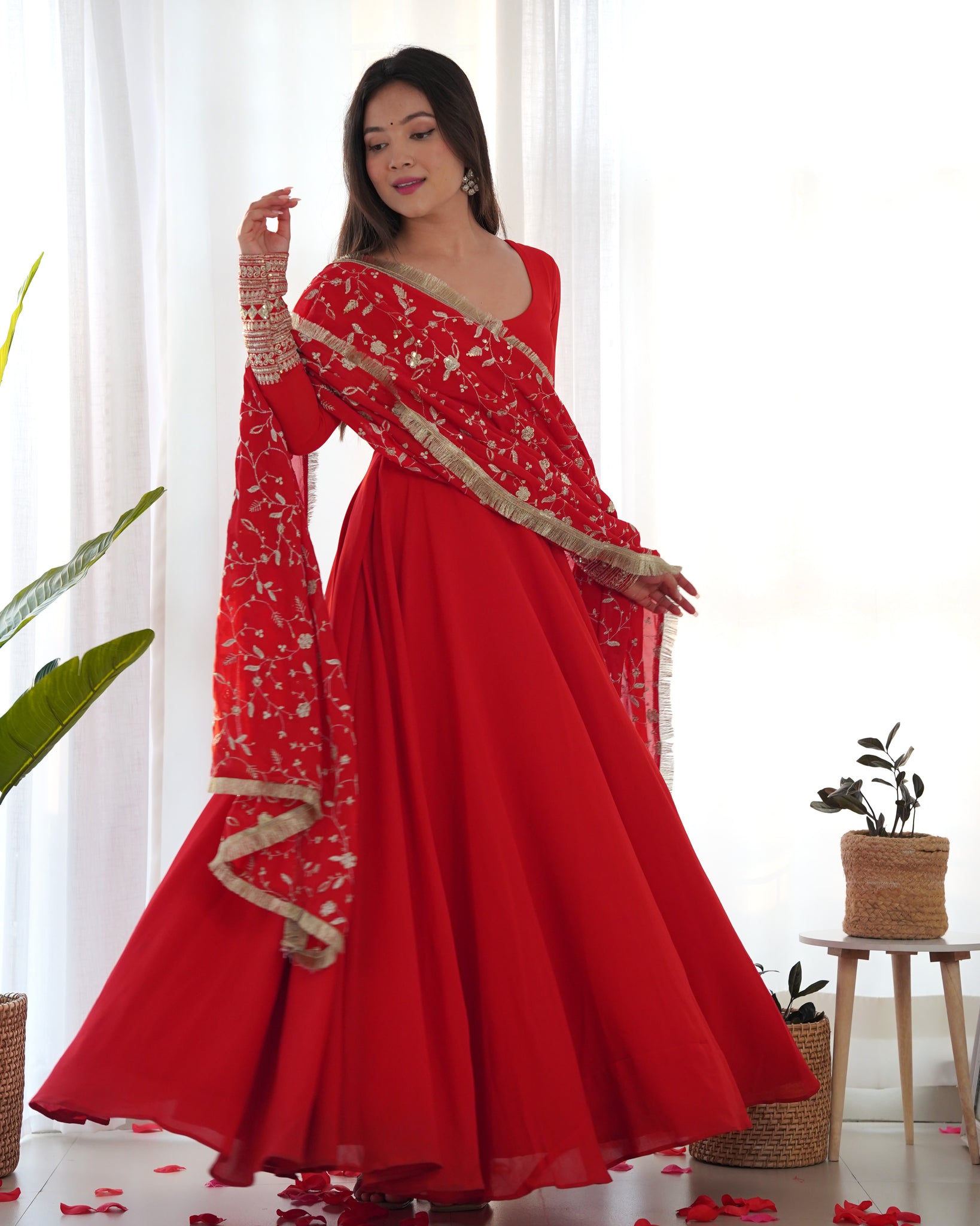 GOURGEOUS RED COLOR GEORGETTE GOWN FULL SET WITH EMBROIDERED DUPATTA